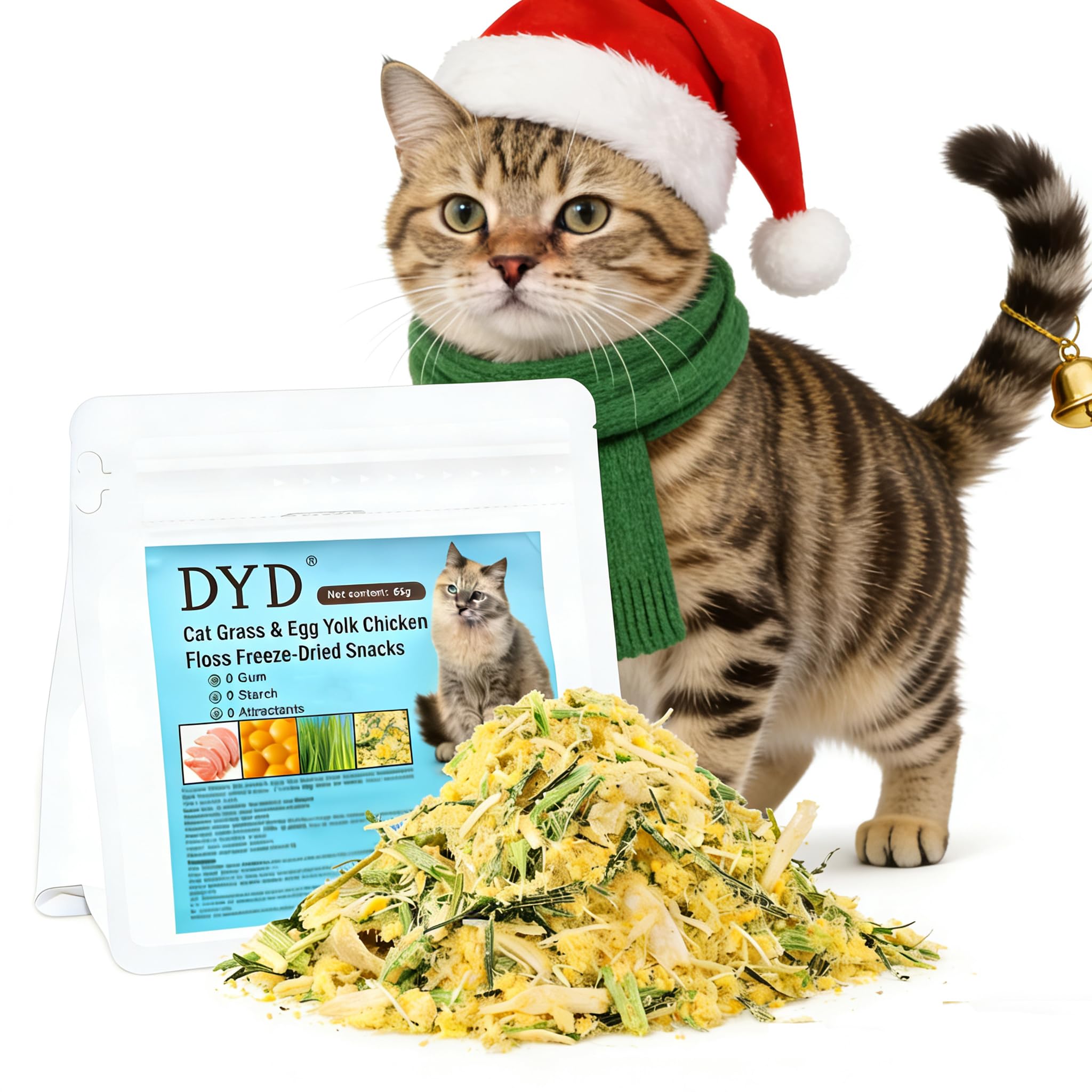DYD Freeze Dried Cat Grass Treats with Egg Yolk & Chicken - Healthy Cat Food Toppers for Hairball Control & Digestive Support, Natural Cat Snacks for Indoor Cats,65g