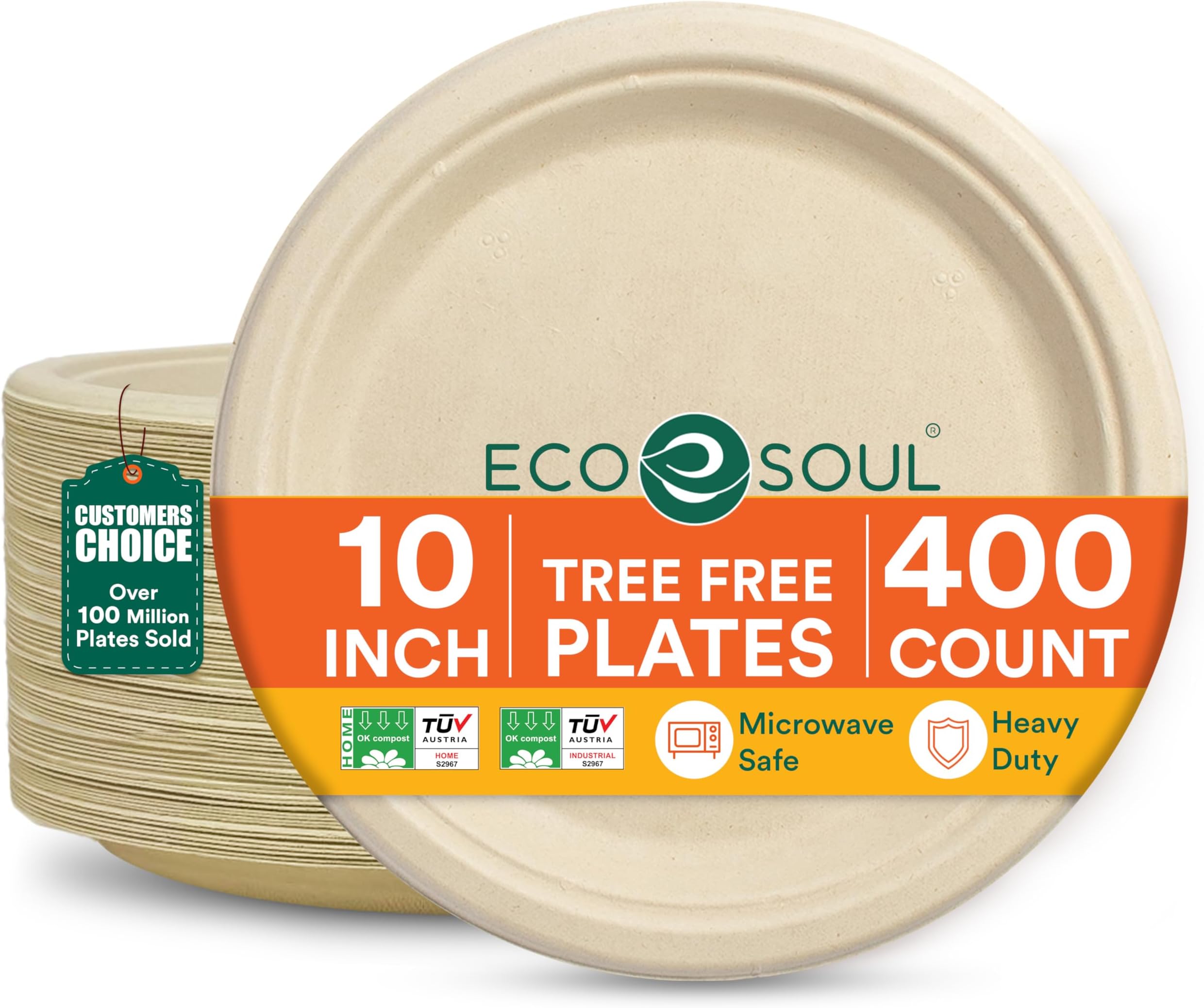 ECO SOUL 100% Compostable Paper Plates 10 Inch [400-Pack] Biodegradable Heavy Duty Eco-Friendly Disposable Plates for Christmas Dinner, Parties, Wedding & Event