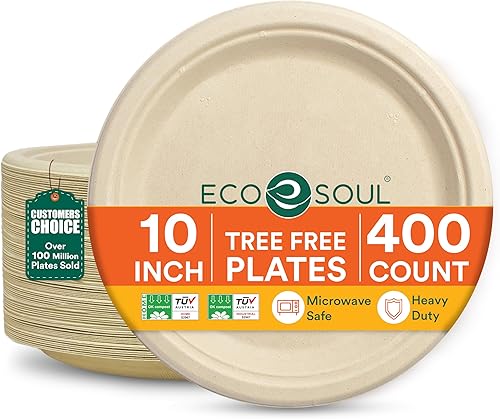 ECO SOUL Platos de papel 100 % compostables de 10 pulgadas (paquete de 400) platos desechables a granel para fiestas, resistentes y ecológicos, para