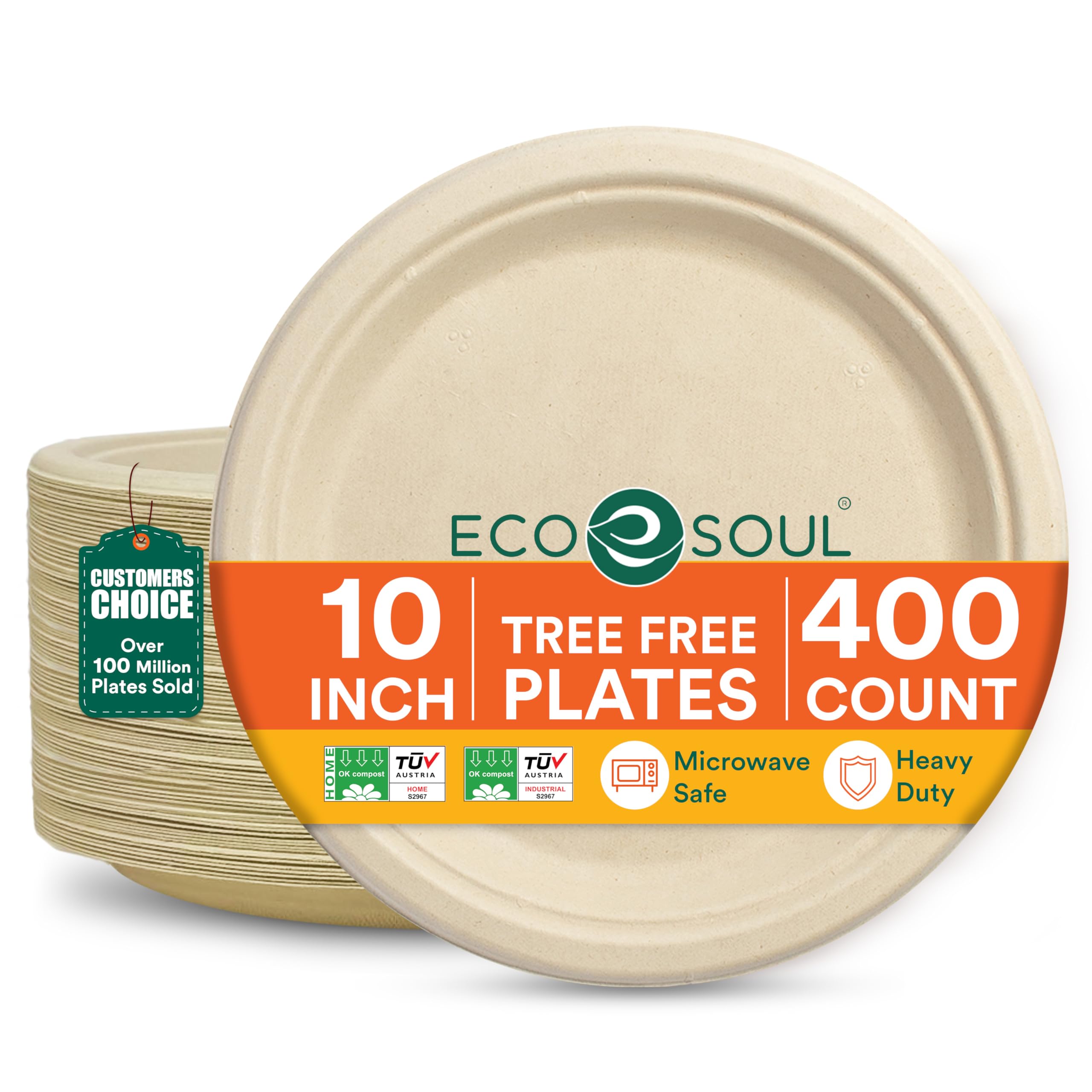 ECO SOUL 100% Compostable 10 Inch Paper Plates 400 [4x100 Pc] Disposable Bulk Party Plates I Heavy Duty Eco-Friendly Sturdy Dinner, Wedding, Event Plates I Biodegradable Unbleached