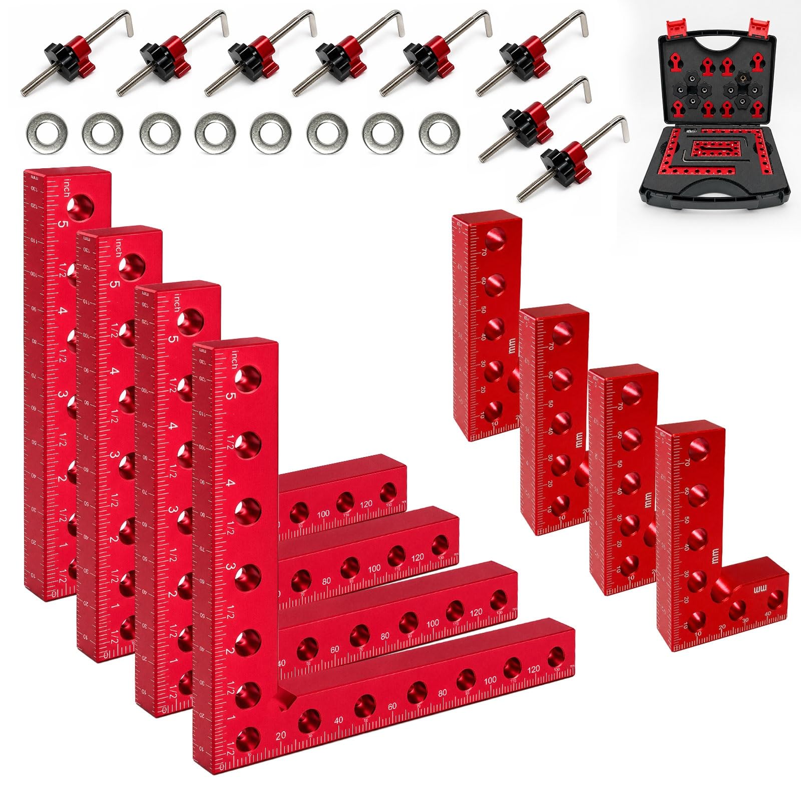 Set 8 morsetti angolari 90°140mm+80mm per lavorazione legno fai da te | Alluminio alto resist, anod nano, antiruggine, doppia scala 3 lati, 13 fori, smusso CNC, multi combinazione