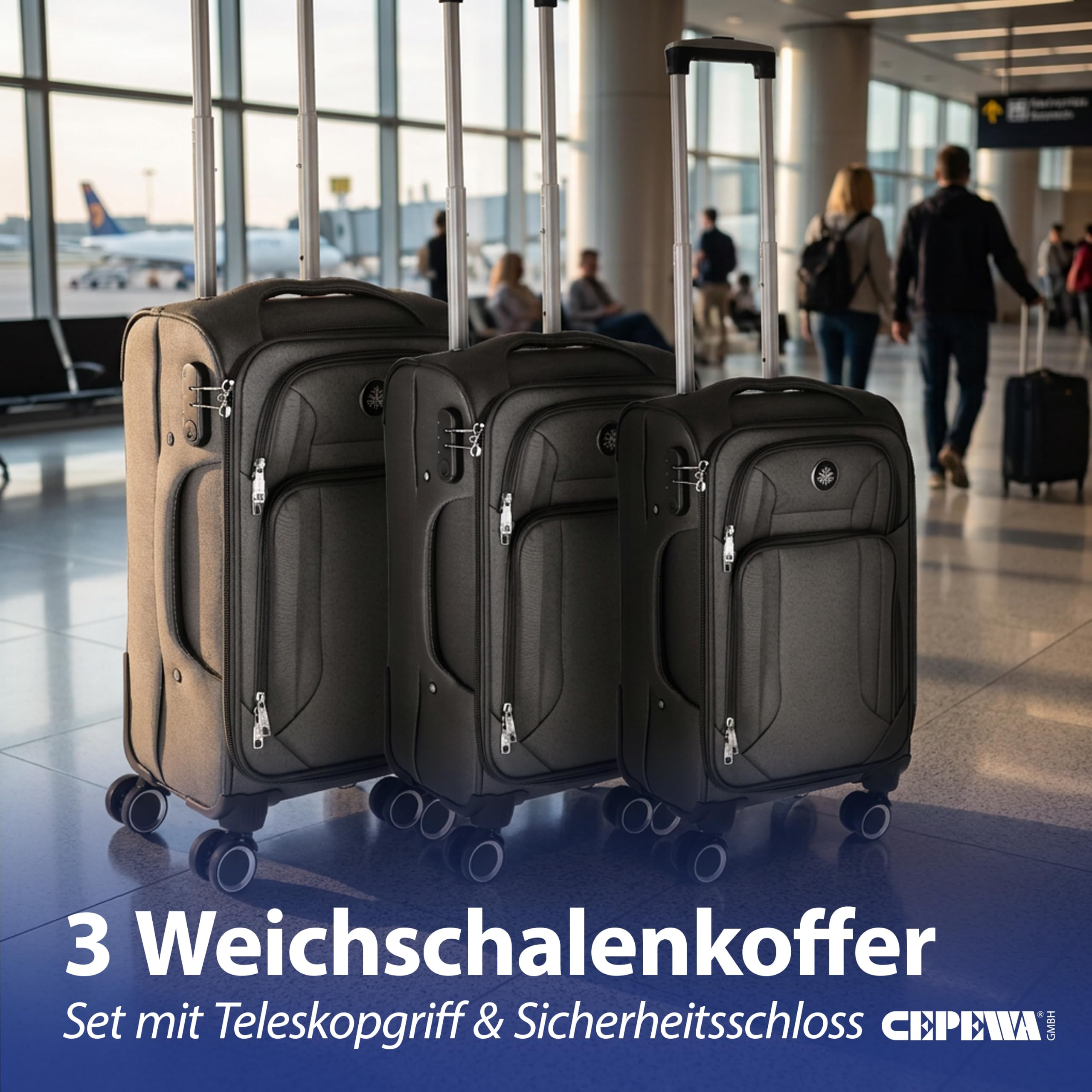 Cepewa Kofferset 3er Set aus Stoff | schwarz 3 Größen Nylon | Teleskopstange Doppelrolle Zahlenschloss | Weichschalenkoffer Softkoffer aus Kunstfaser mit Reisverschluss (schwarz)