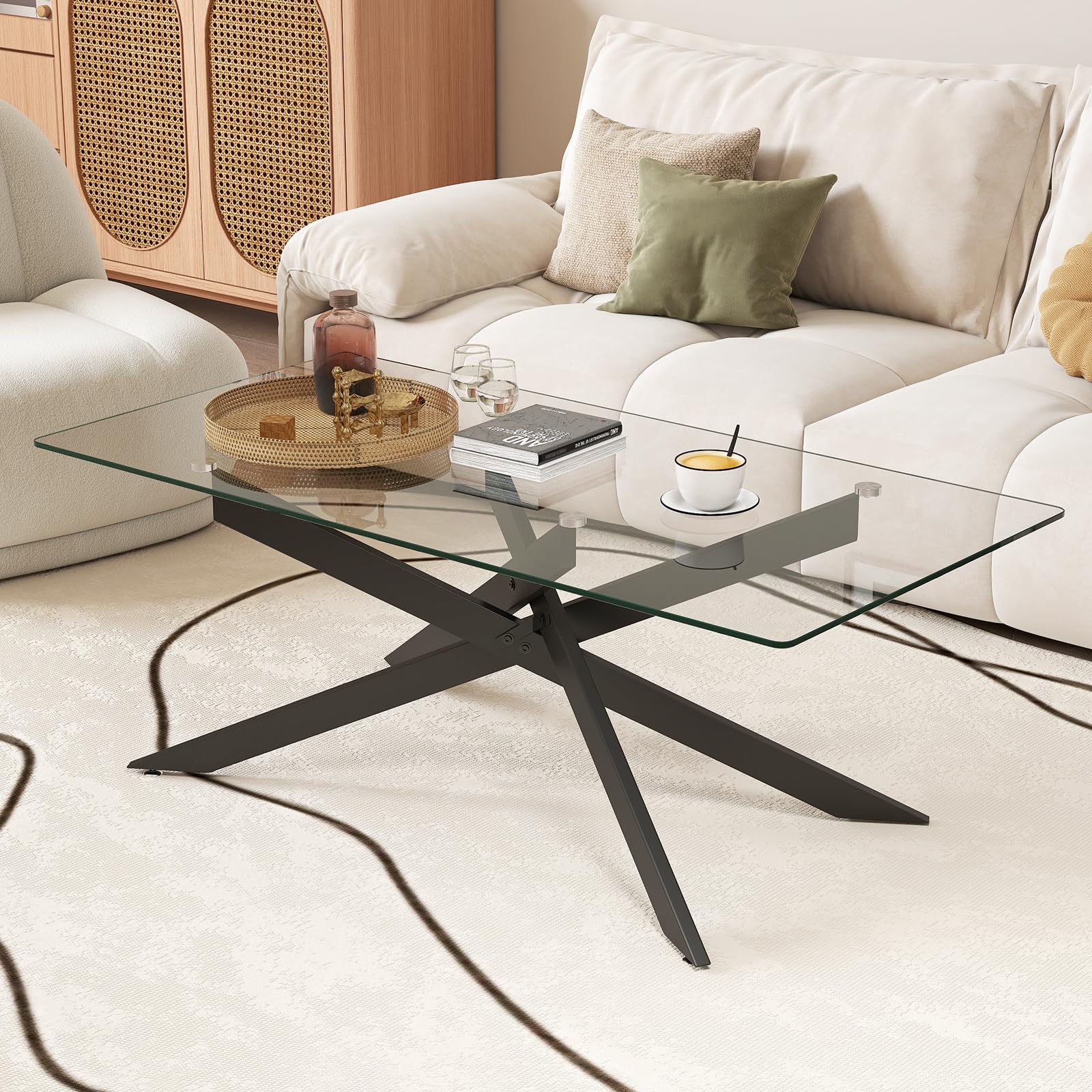 COSTWAY Mesa de Centro de Cristal, Mesa Central Rectangular con Tapa de Cristal Templado y Patas Tubulares de Metal, Mesita de Café Moderna para Salón Oficina Apartamento, 120 x 60 x 45,5 cm (Negro)