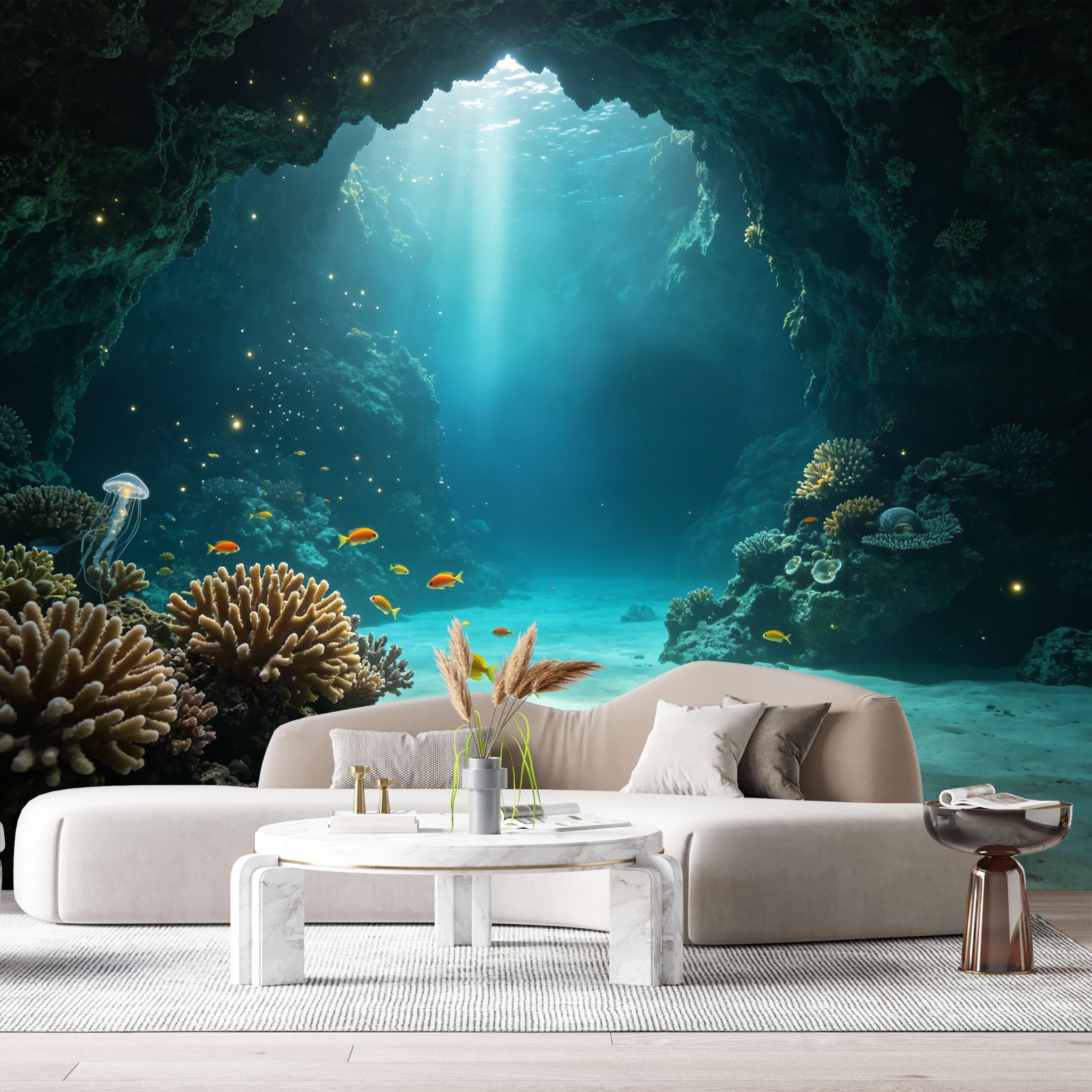Custom Size Wall Murals Underwater Ocean Marine 3D Trompe L'Oeil Coral Reef Jellyfish SelfAdhesiveWall Fabric Removable Wallpaper Wall Decor for Living Room Bedroom Bathroom