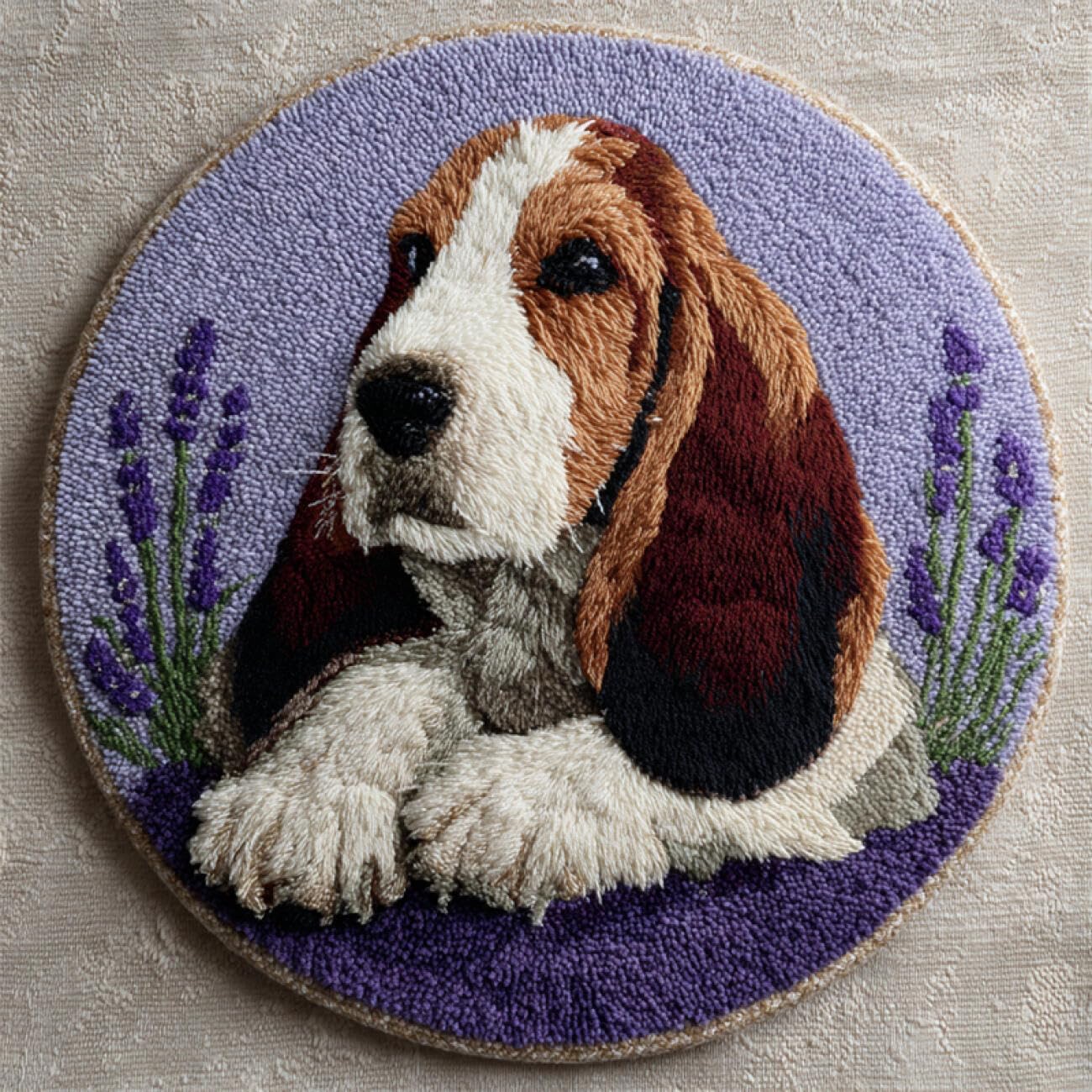 Kitquiver Dog Animal Rug Making Kits Basset Hounds and Lavender DIY Rug，Home Carpet Making Canvas Crochet Kits Needlework Crafts,Beginners Adults 50x50cm
