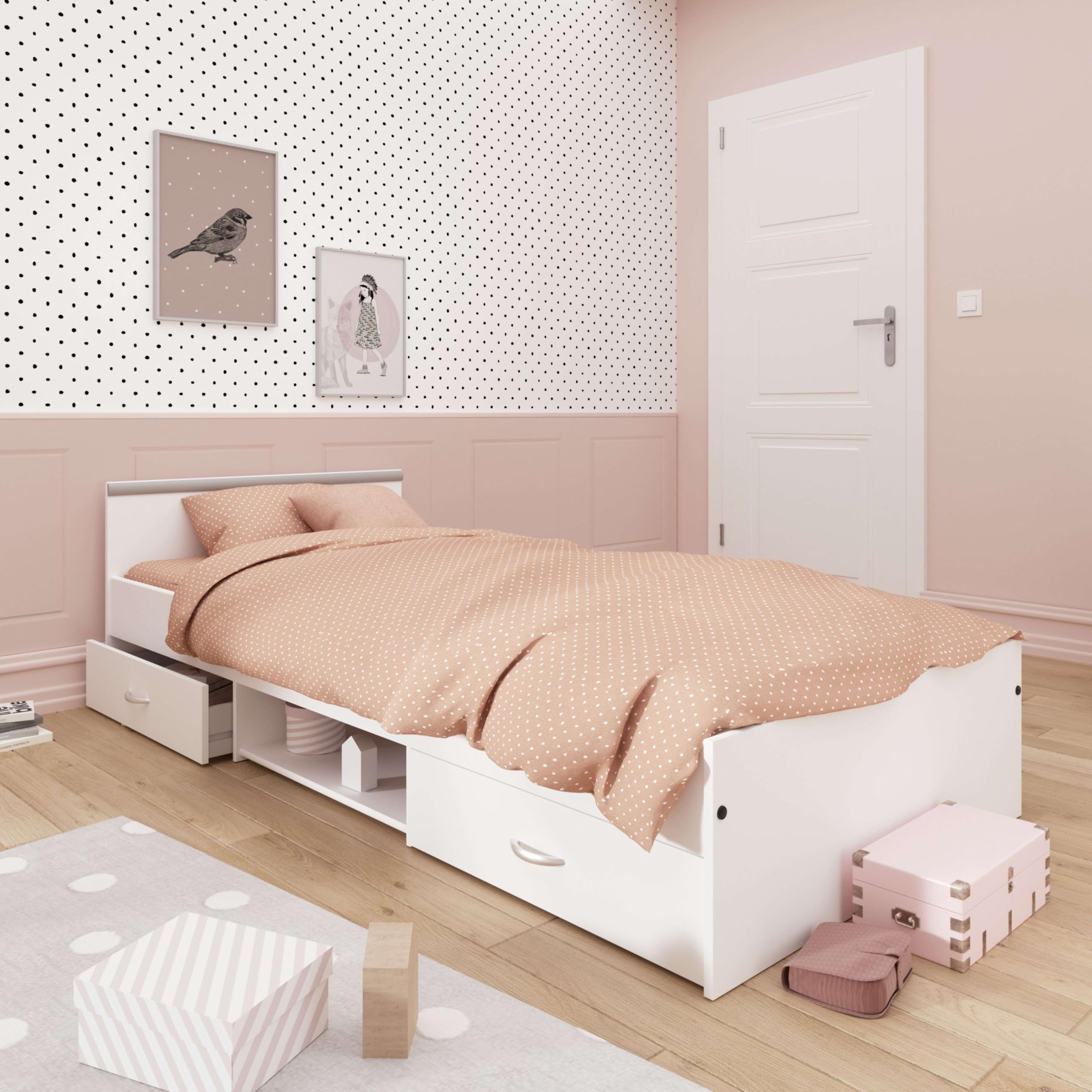 Miroytengo Cama Juvenil Village 2 Cajones 1 Hueco Blanco y Gris Dormitorio habitación Infantil 90x200 cm