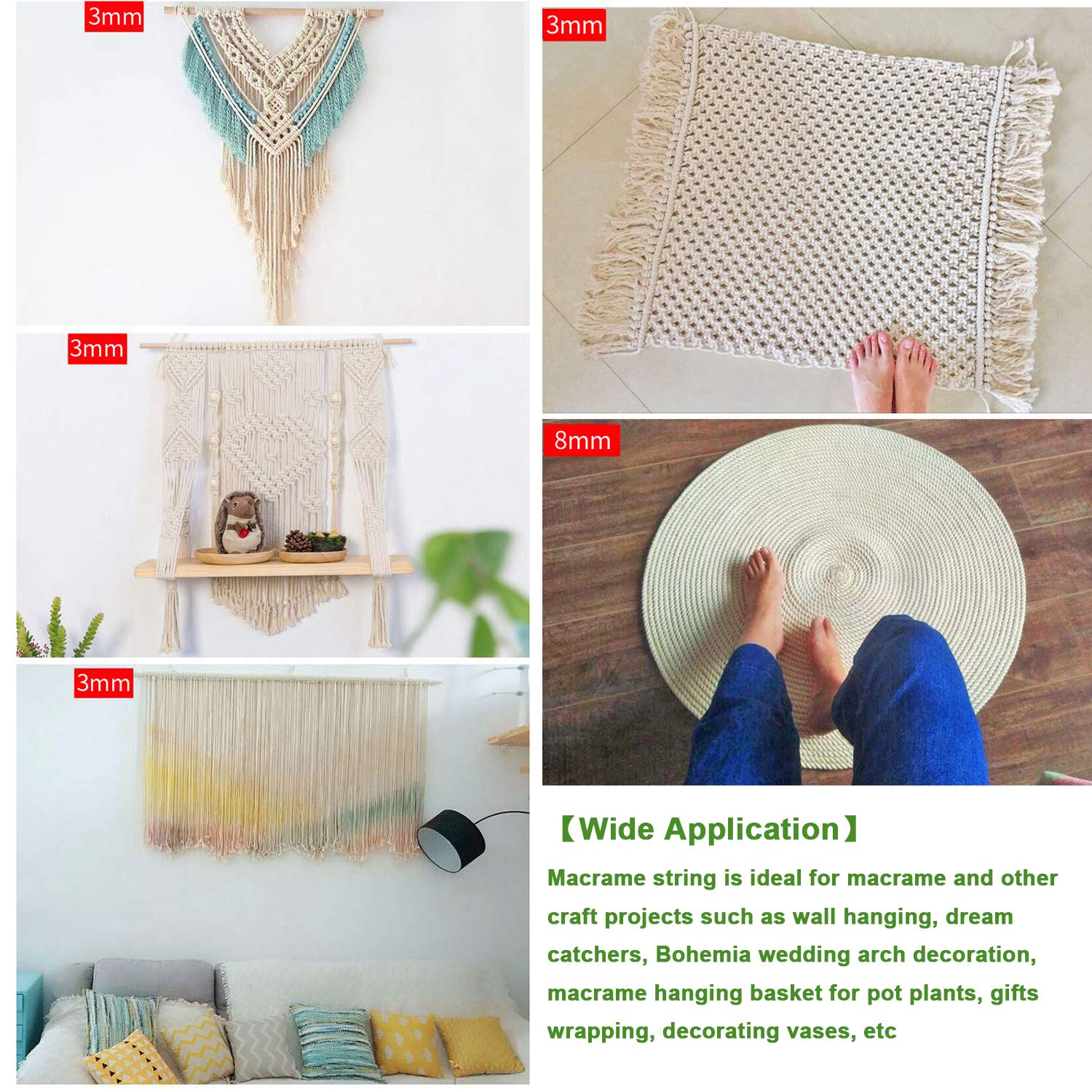 Cuerda,Cuerda de Nylon,Cordón de Algodón Macramé Beige,Cuerda de Macramé de Algodón Natural Grueso 4 Hilos Retorcidos,Cordón de Macramé for Colgar en la Pared,Decoraciones de Manualidades de Macramé D