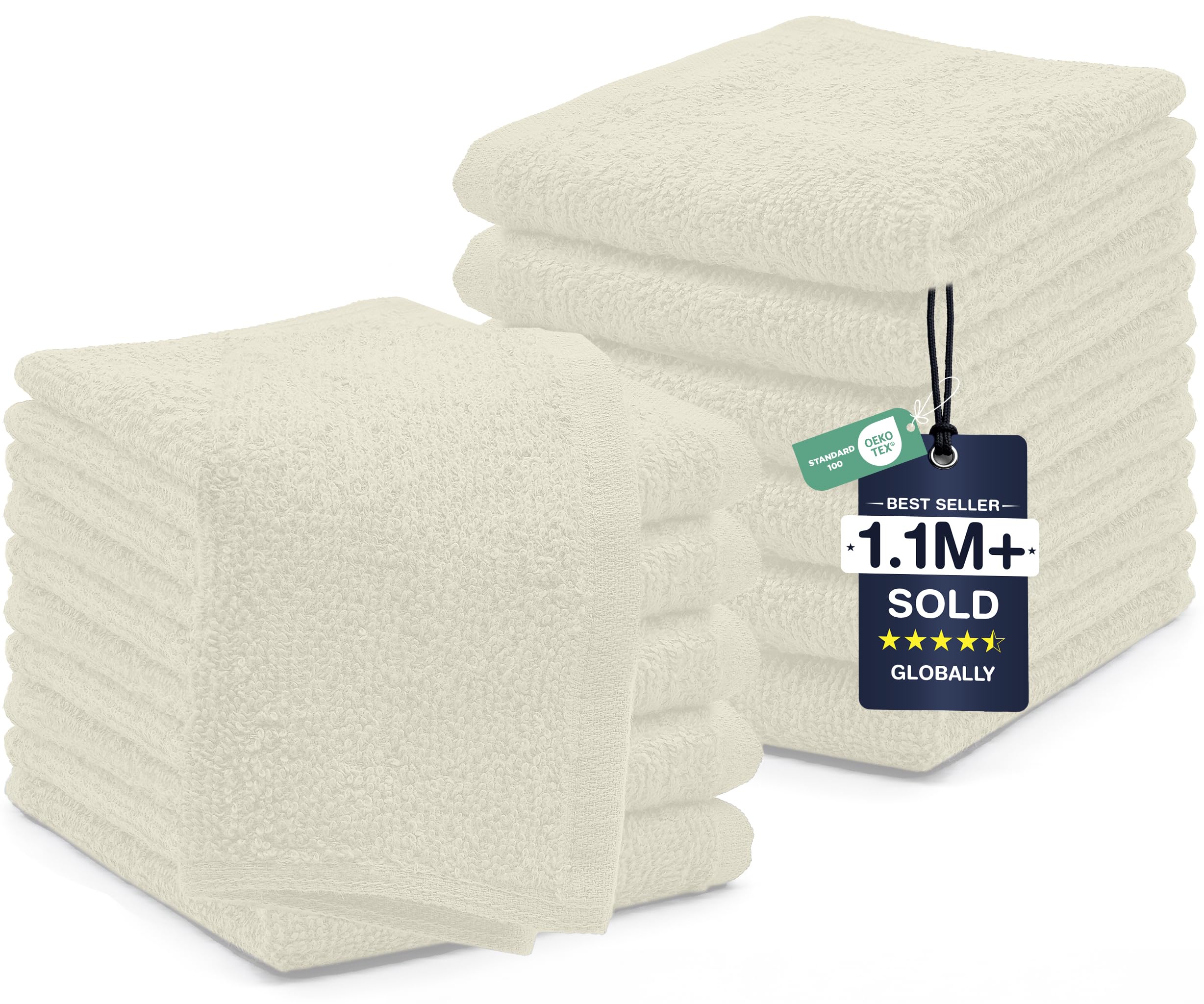 DAN RIVER 12 Pack Cotton Wash Cloths Set for Showering [12x12] Ivory