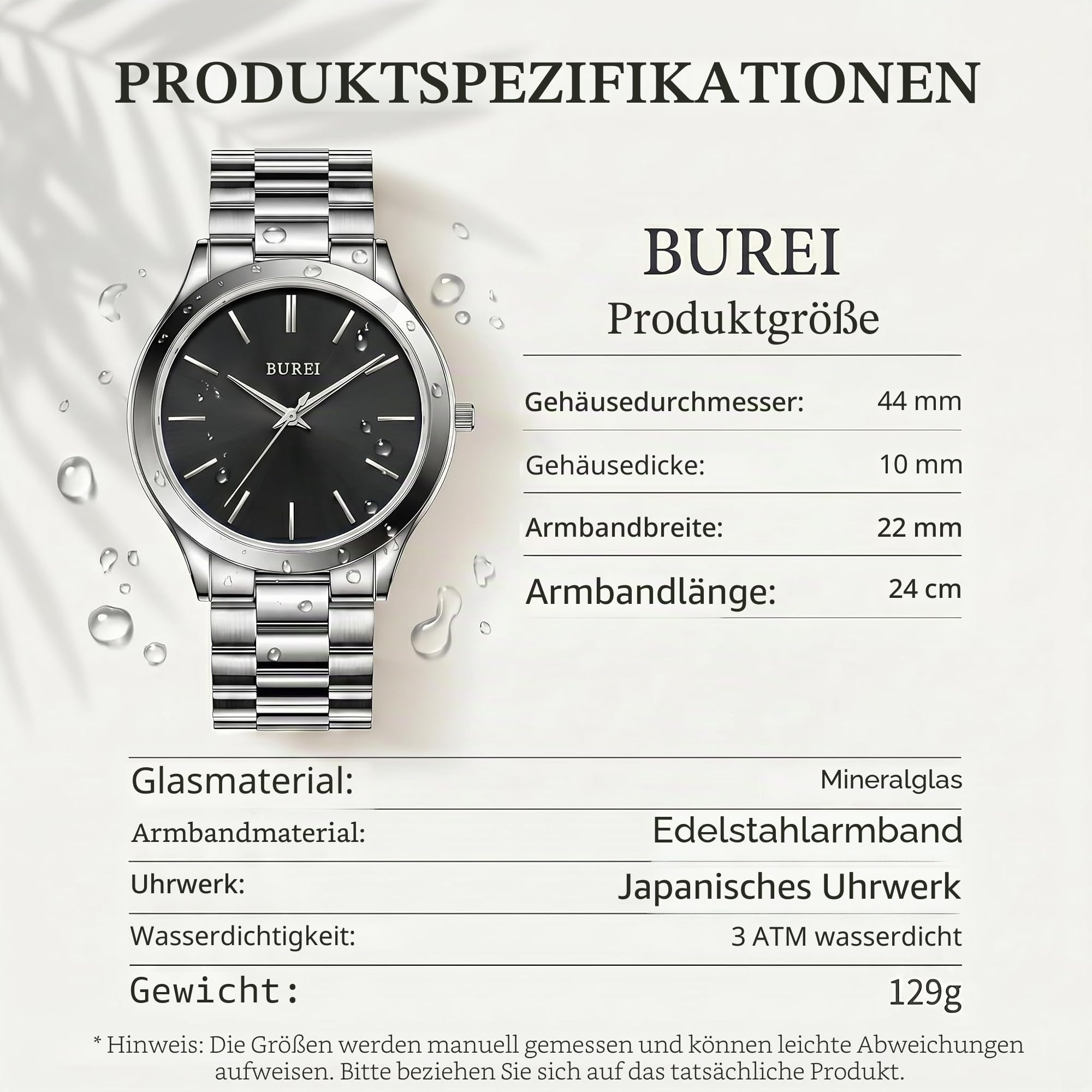 BUREI Modische Herren-Armbanduhr aus Edelstahl, Quarz-Armbanduhr mit japanischem Uhrwerk für Herren, Klassische Luxus-Uhr, 42 mm