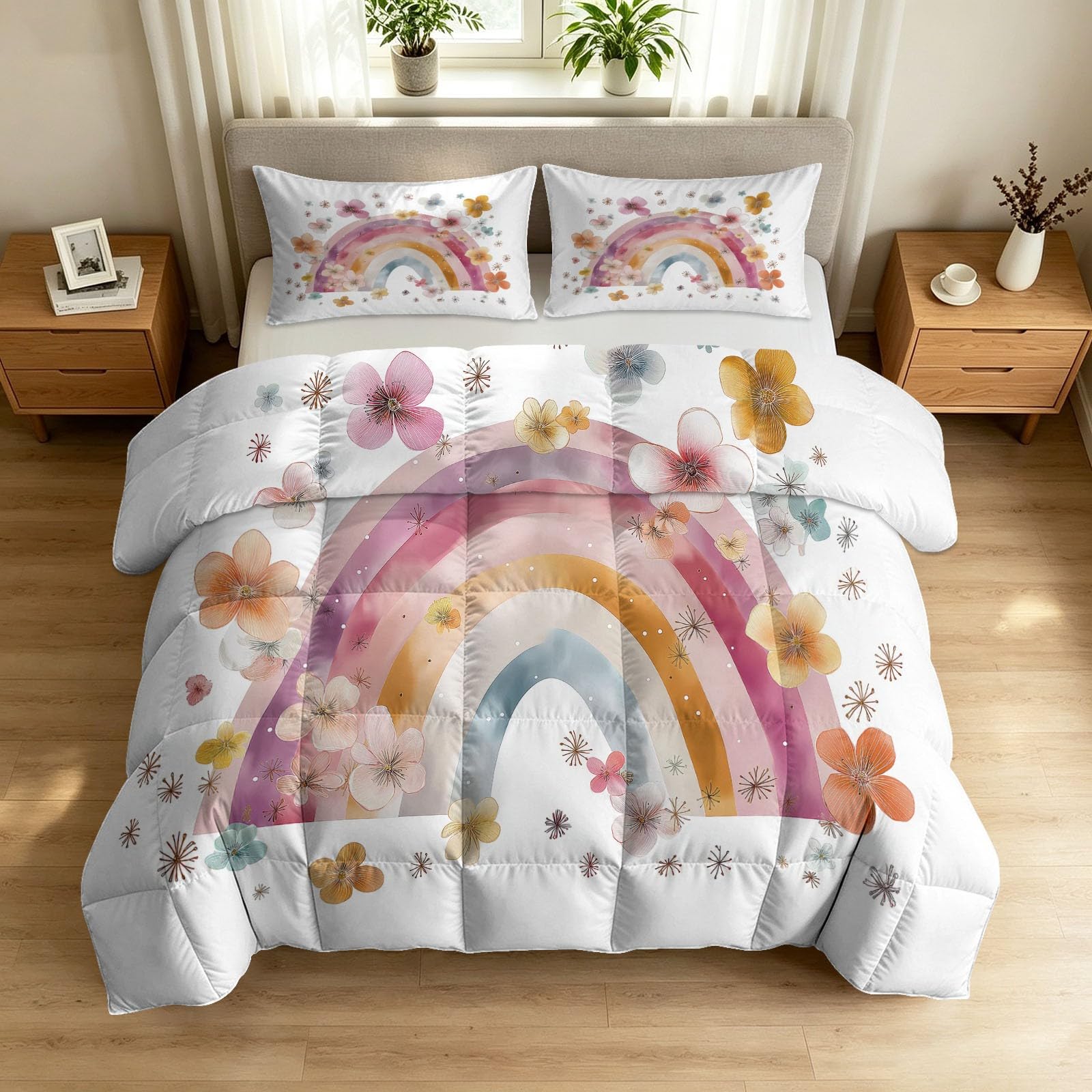 Kołdra bez poszewki 200 x 200 cm, kwiaty, tęczowe punkty świetlne, ciepła kołdra pikowana na 4 pory roku, dla alergików, lekka kołdra całoroczna, bajeczna akwarela, kołdra do spania z 2 poszewkami na