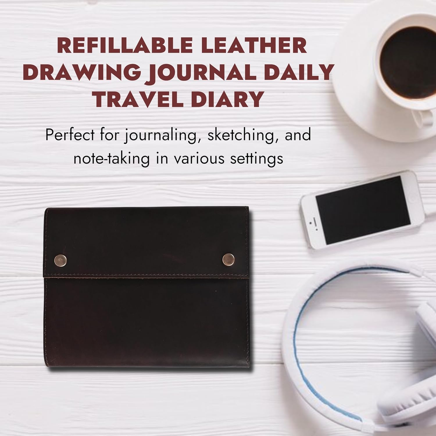 Refillable Leather Drawing Journal Travel Daily Diary Antique Handmade Vintage Bound Writing Notebook Genuine Leather Unlined White Paper Art Sketchbook 6.5 x 8.5 Inches -Dark Brown
