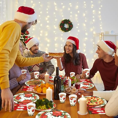 Miniatura 7 de Platos y servilletas de papel de Pascua de Navidad para servir 25, platos desechables de fiesta de flores navideñas, vasos, servilletas, vajilla