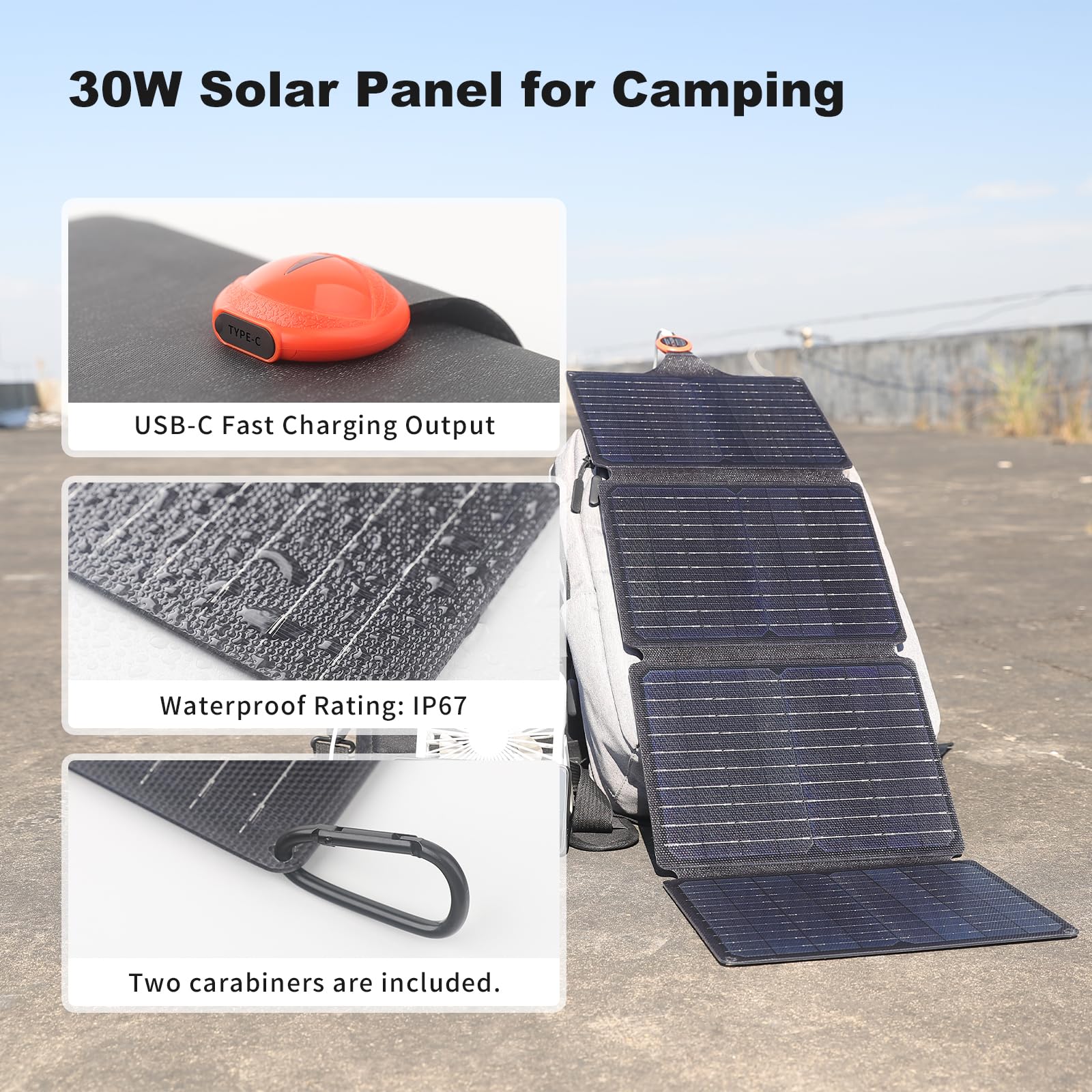 EYONGPV Przenośny składany panel słoneczny 30 W i ładowarka solarna z wyjściem USB-C Croc-Eye, wodoodporna kompaktowa ładowarka solarna IP67 do telefonów, powerbanków, biwakowania, wędrówek, wędrówek