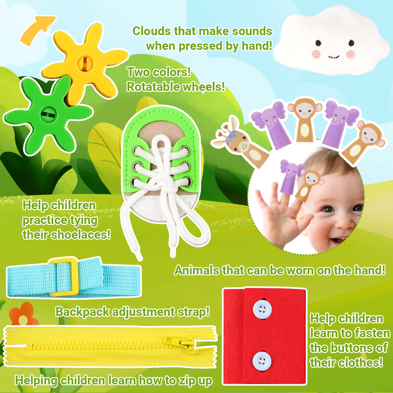 Montessori, Giocattolo per Bambini a Partire, Activity Busy Board Feltro Quiet Book, Giocattolo da Viaggio per Le attività motorie, Libro educativo, per la Prima Istruzione