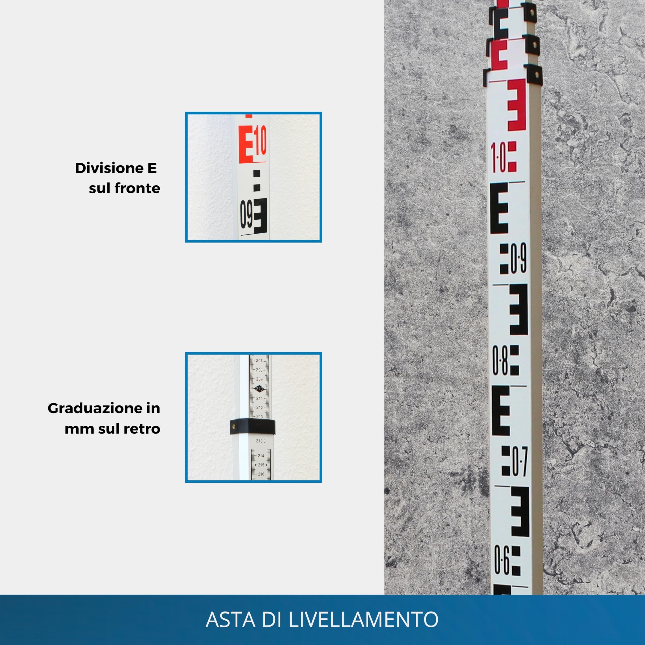 Asta di livellamento hedue® 5 m - Asta di misurazione per lavori di livellamento in cantiere e per la misurazione di quote libere, con prolunga telescopica