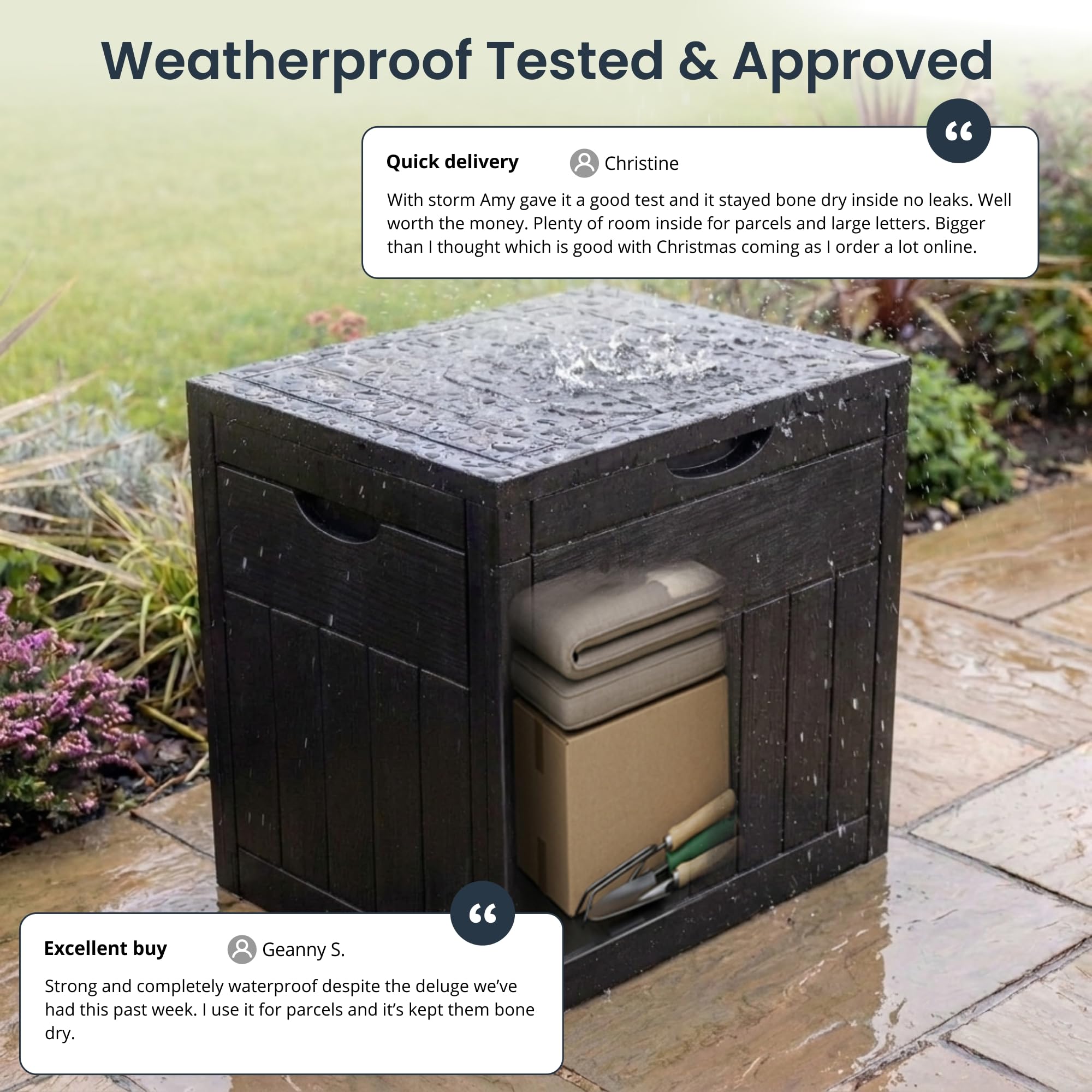 Olsen & Smith 126L Lockable Outdoor Garden Plastic Storage Box Container Chest - Small Lawn Balcony Furniture, Weather Resistant, Wood Panel Effect (Black) - 5