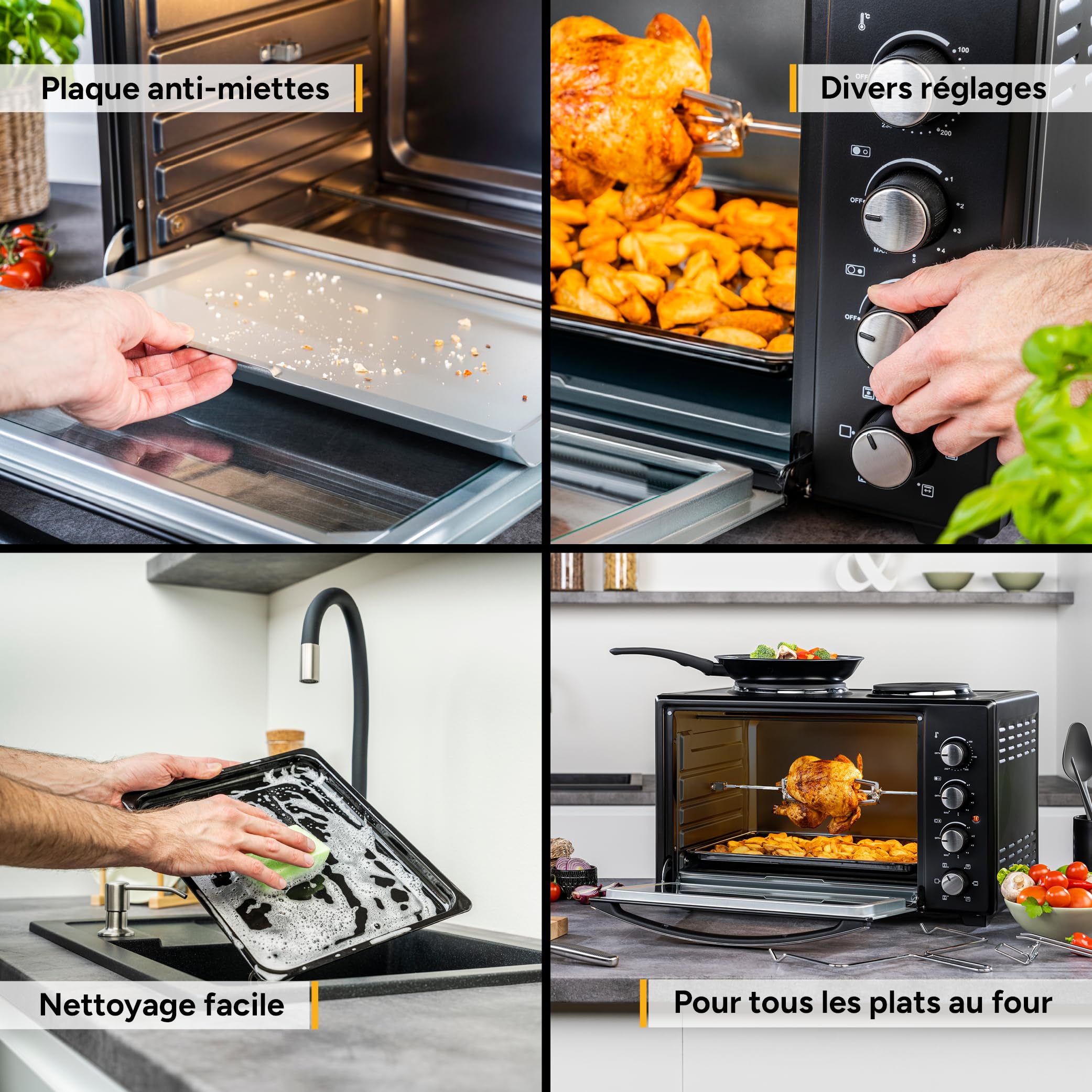 TZS First Austria - Mini-Four avec plaques de cuisson 60L 3200 W - Four à pizza jusqu'à 230°C et 6 modes de chauffage - Four multifonction avec 4 hauteurs d'insertion et accessoires de haute qualité