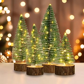 4 PCS Mini Christmas Trees, Artificial Bottle Brush Trees with 2 Modes Timer LED String Lights, Button Cell Battery Powered Desktop Small Pine Trees with Wooden Base for Home Xmas Decor Warm White
