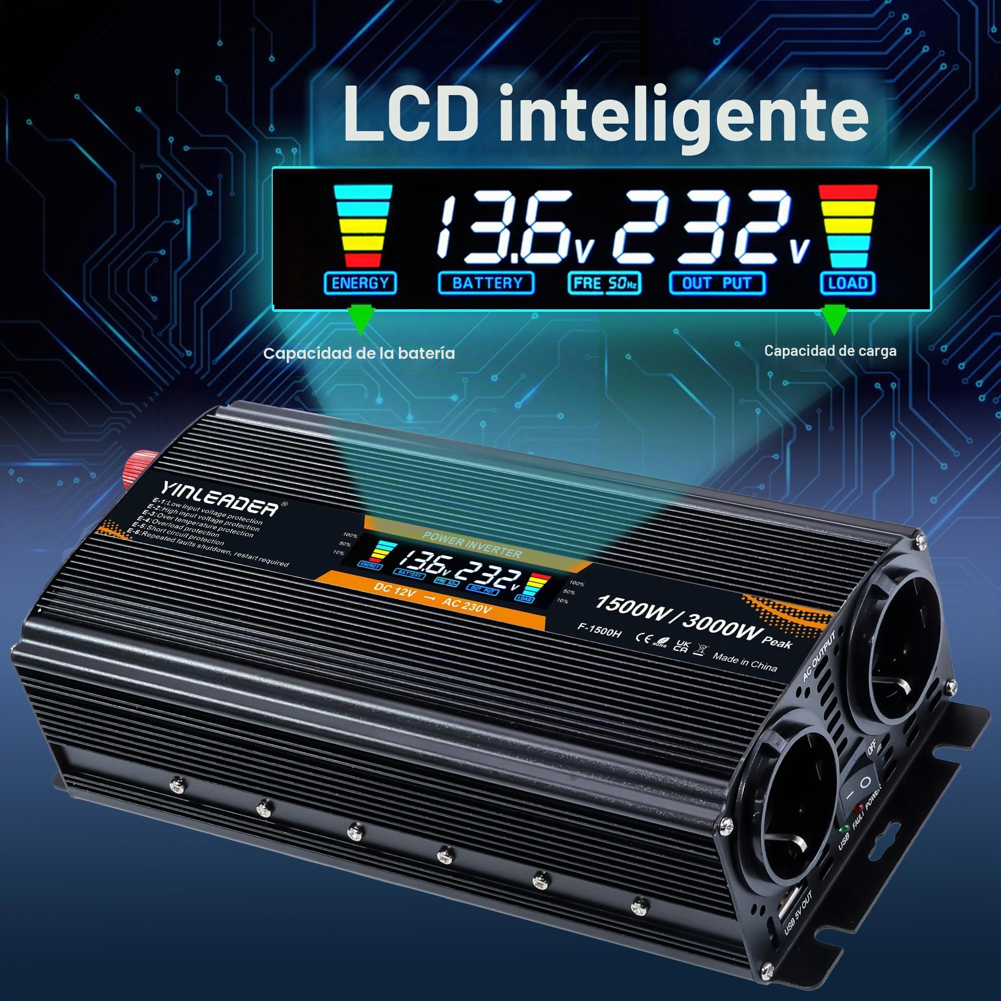 Inversor de corriente LCD de 12 V, 230 V, 1500 W/3000 W, inversor de corriente con 2 enchufes y 1 USB