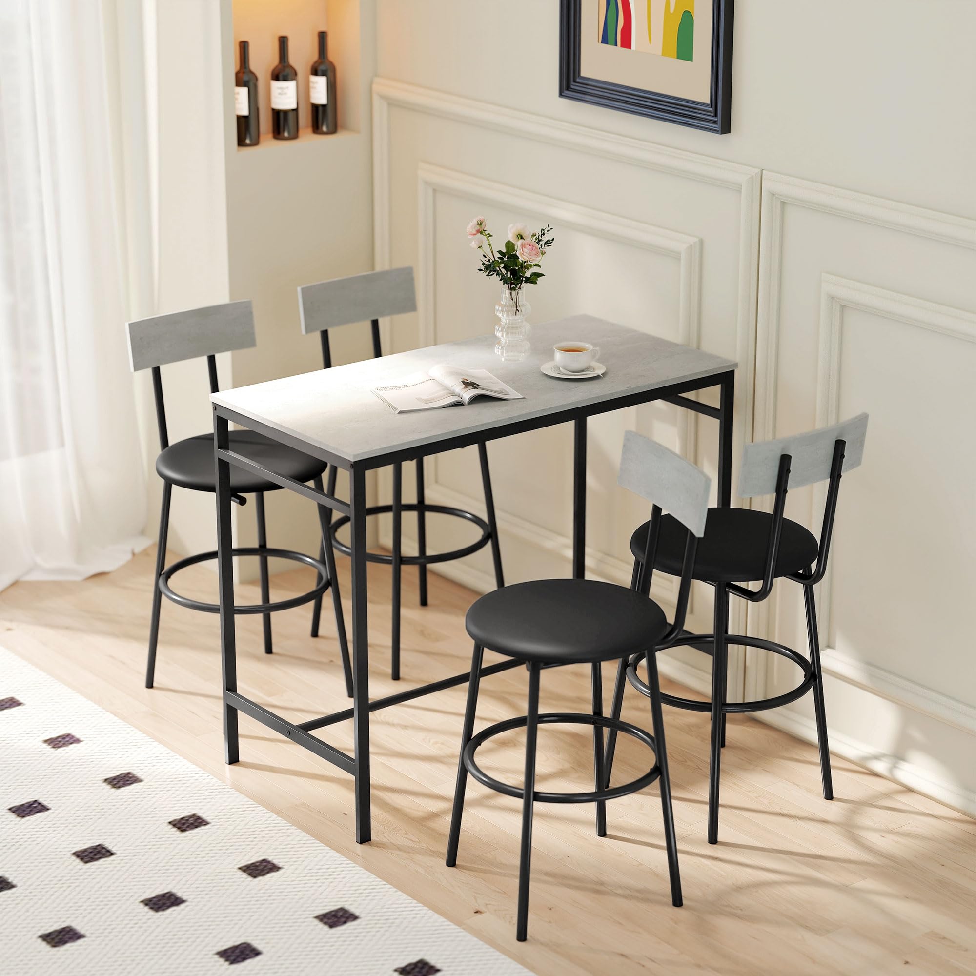 HOMCOM Juego de Mesa de Bar con 4 taburetes con tapicería de Cuero de PU, sillas de Bar y Cocina Que ahorran Espacio con Patas de Acero, Estilo Moderno, Mesa Alta con taburetes para el hogar Comedor