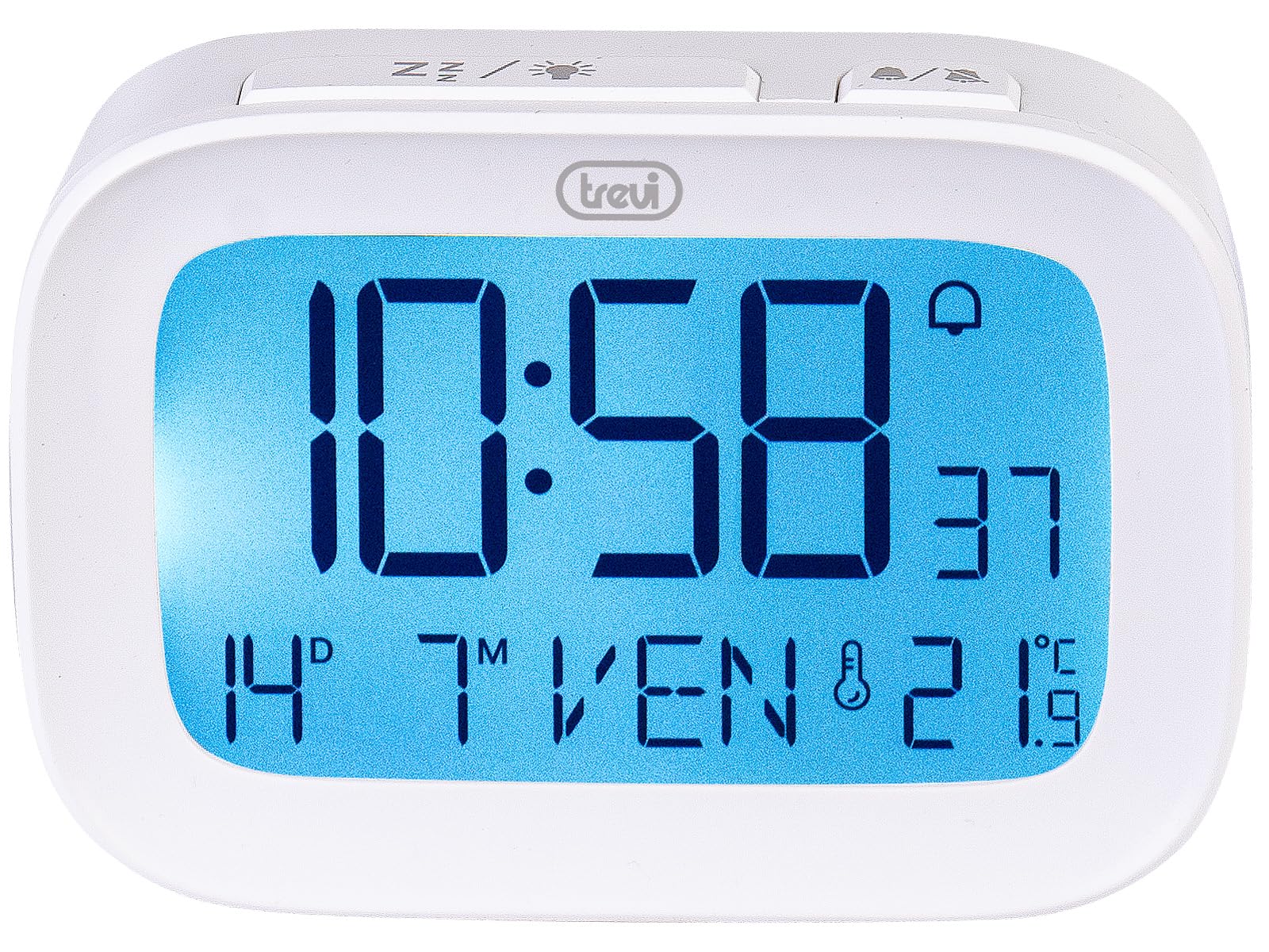 Trevi SLD 3850 Orologio Sveglia Digitale con Termometro Integrato, Grande Display LCD, Orologio e Calendario, Funzione Snooze, Bianco