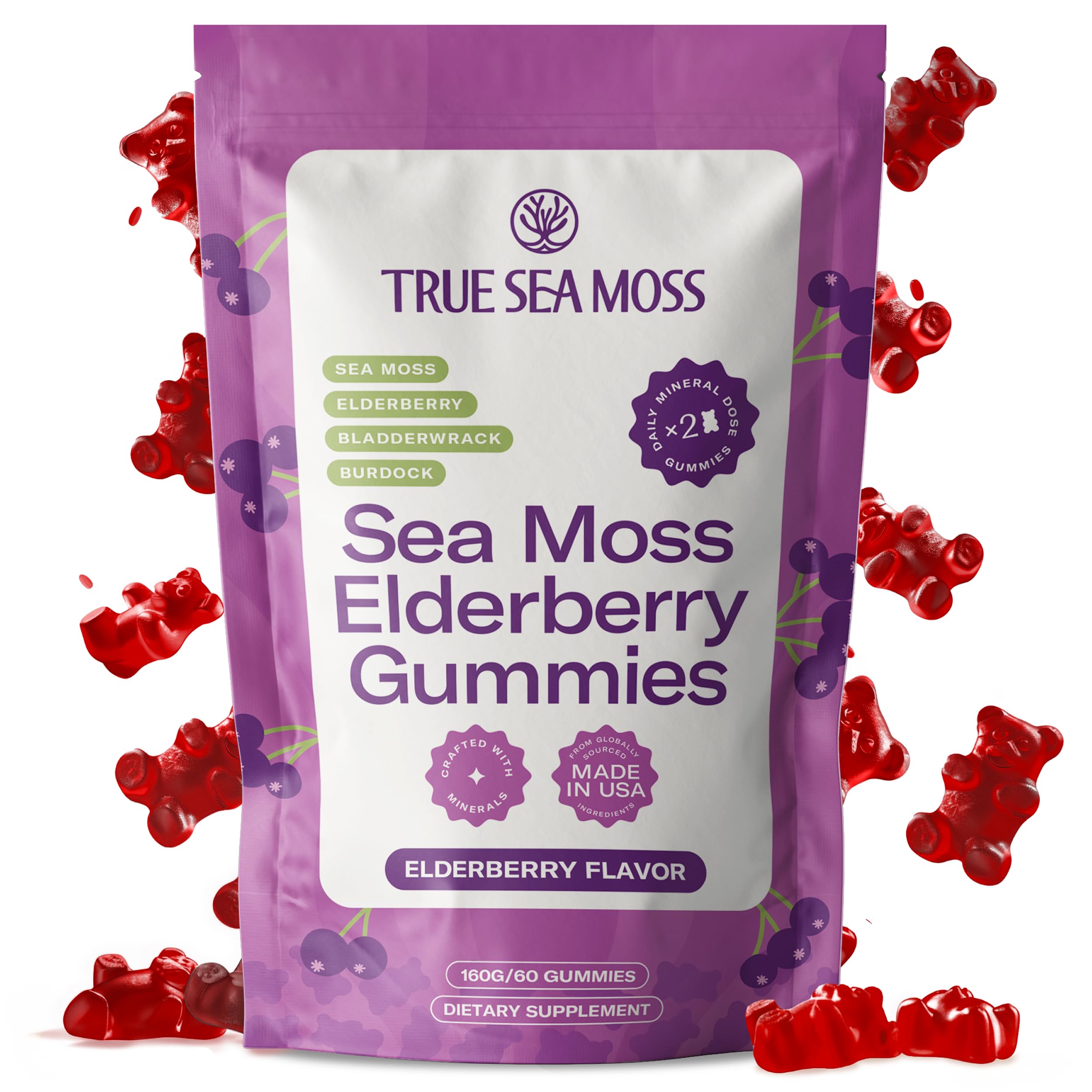 TrueSeaMoss Sea Moss Elderberry Gummies for Adults & Kids – with Burdock Root, Bladderwrack & Magnesium – 60 Gummies (Pouch May Vary)