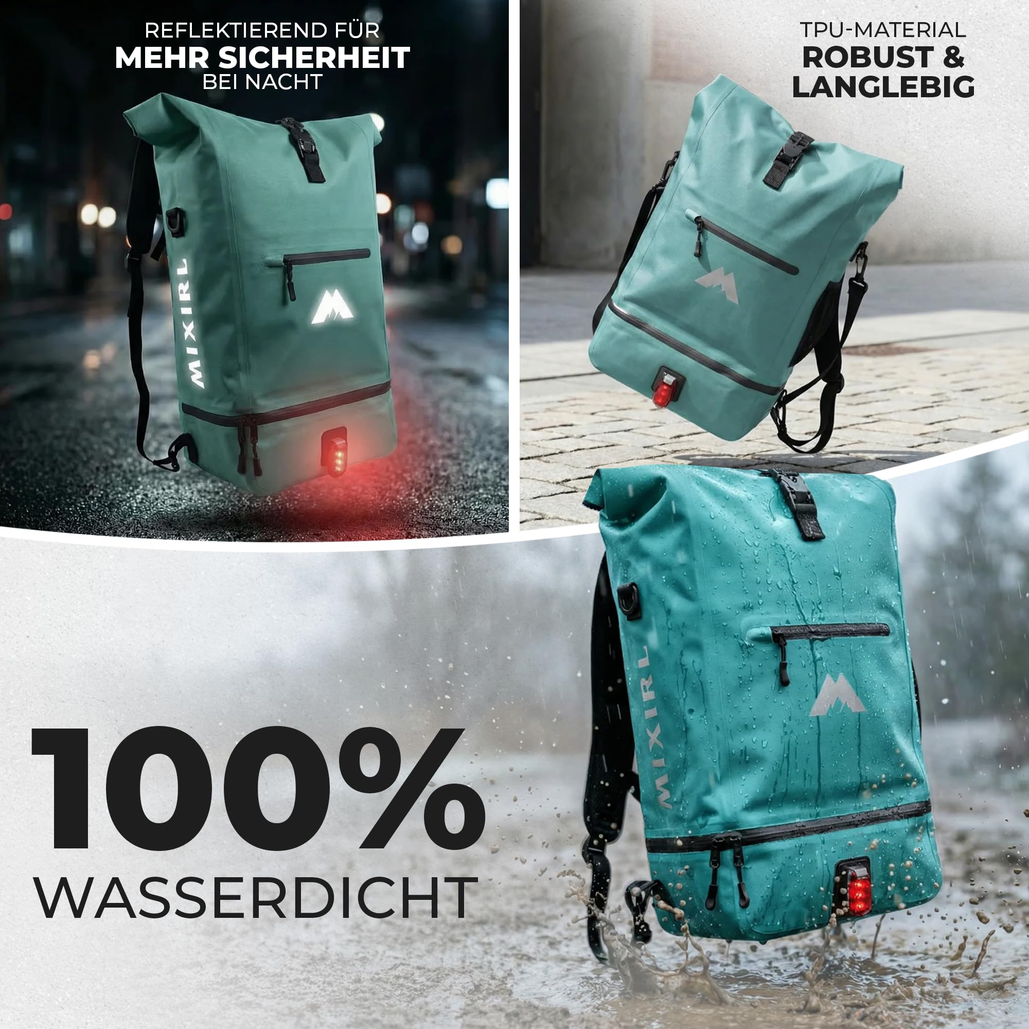 3in1 Fahrradtaschen für Gepäckträger mit Rucksack 100% Wasserdicht 30L I Kühlfach I Gepäckträgertasche Reflektierend Laptopfach Tasche fürs Fahrrad (Mint)