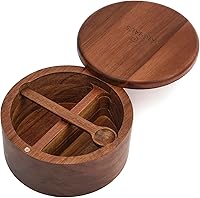 Vista 8 de Caja de madera de acacia para sal y pimienta, cuchara integrada, contenedor de condimentos de especias de dos compartimentos, soporte para bodega