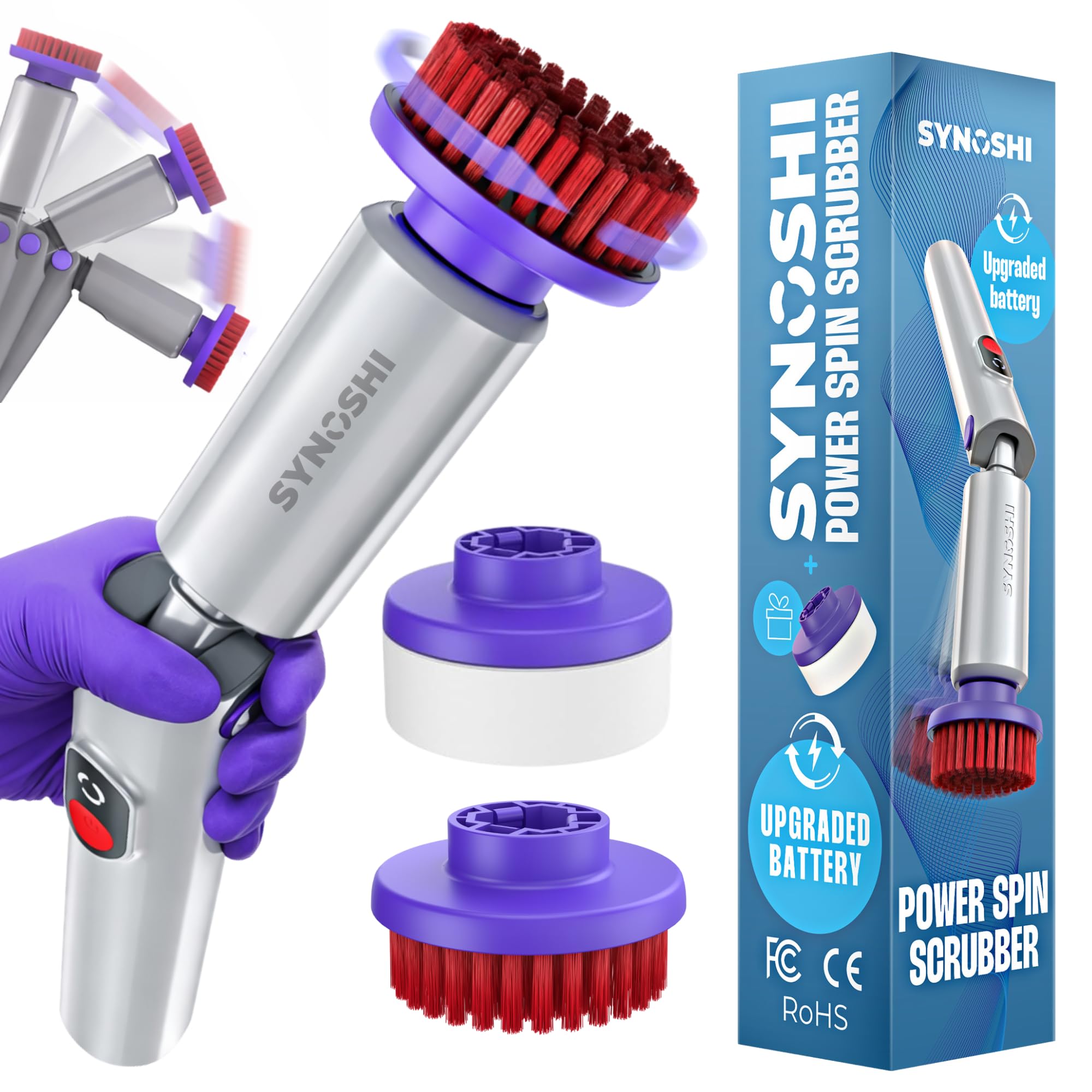 SYNOSHI PRO Electric Spin Scrubber, Cordless Cleaning Brush Bathroom Scrubber. Waterproof Shower Cleaner Brush with Adjustable Angles, 2 Speed, 180Min Work Time for Floor, Bathtub, Kitchen, Car, Tub