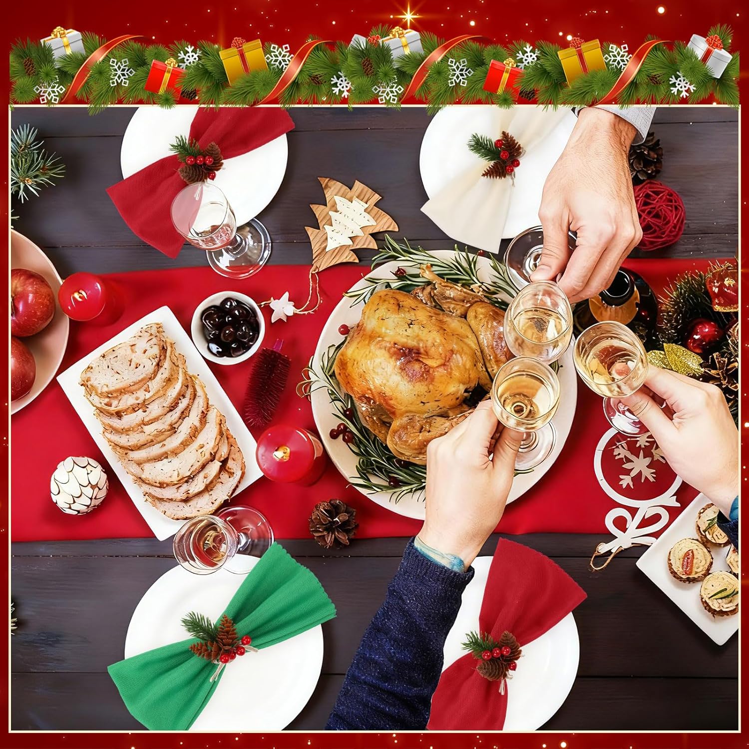 LemonRoad 36 Pcs Christmas Cloth Napkins and Napkin Ring Holders, Reusable Fabric with Pine Needle Red Fruit Napkin Rings for Xmas Table Decor, Banquet, Holiday Dinner Party, Wedding Party Supplies