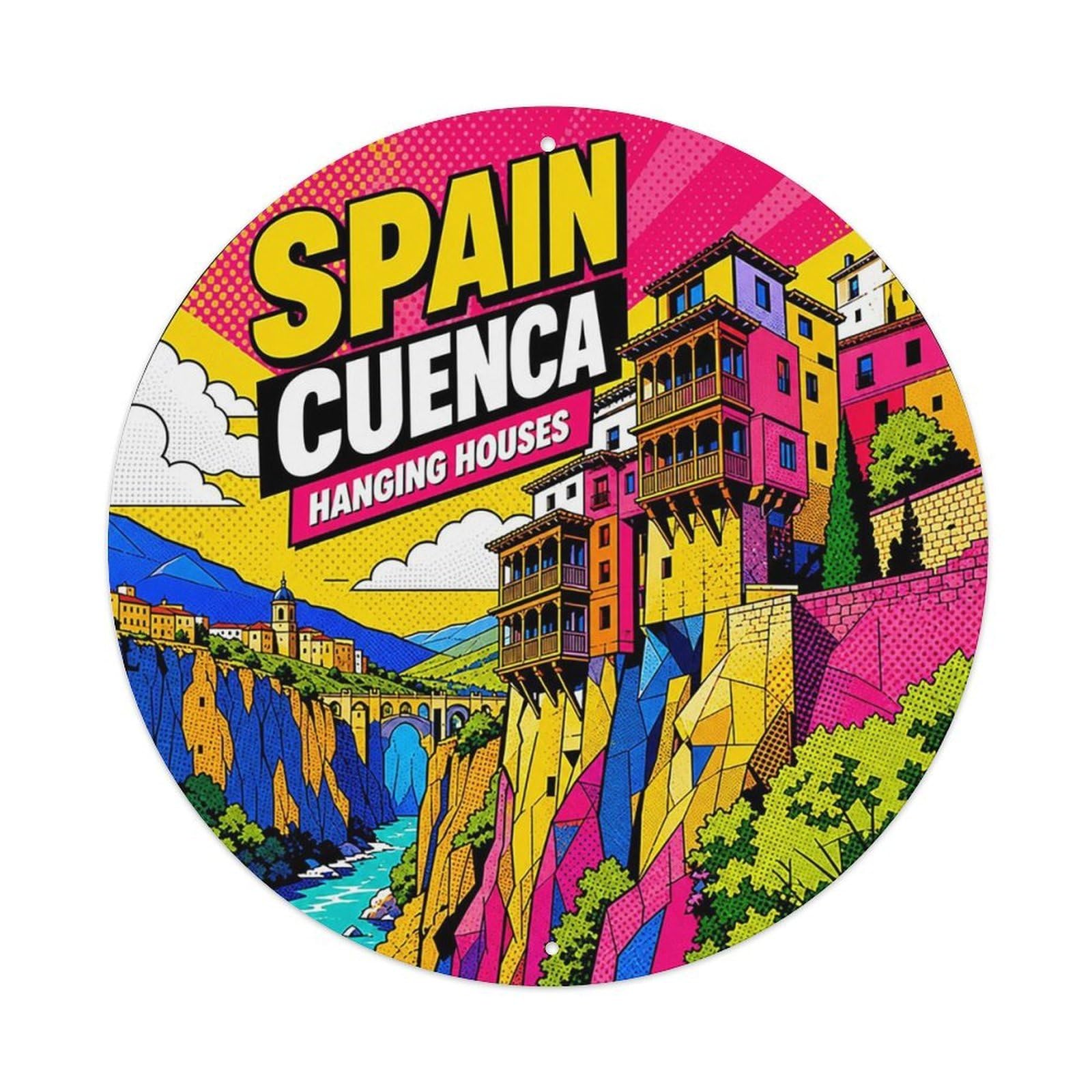 Este 8X8inch Style Cuenca Hanging Houses Spanish Pop Style Classic Scenery Metal Tin Sign