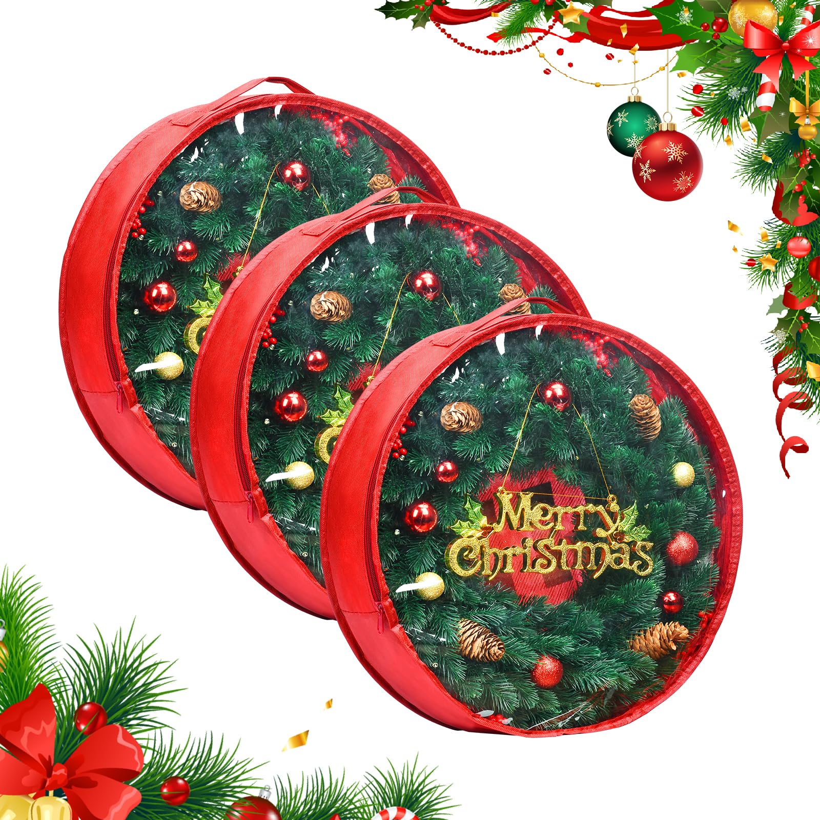 Christmas Wreath Storage Container Wreath Storage Bag 3 Pcs 24 Inch with Zipper and Sturdy Carrying Handle for Christmas Wreath Storage