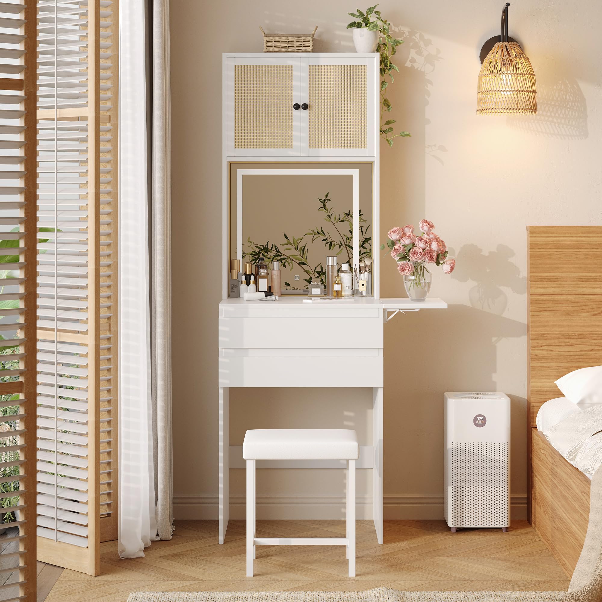 Rubikliss Small Vanity Desk with Mirror and Lights, White Compact Makeup Vanity with Chair and Fold-up Panel for Small Spaces, Skinny Rattan Dressing Table Set, Dimmable 3-Color, Space Saving, Girls