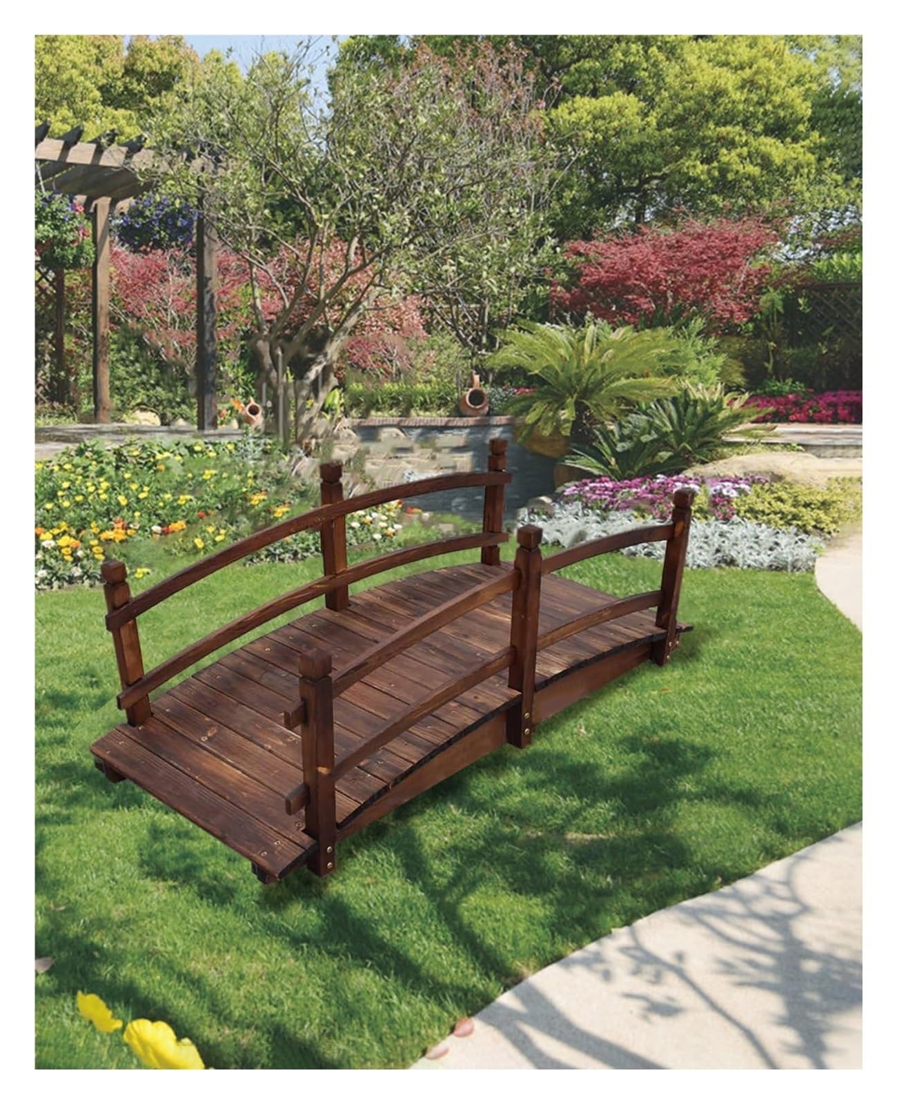 Wooden Garden Bridge, Wood Arc Footbridge, Walkway Path Garden Landscape Bridge, Pond Bridge Decoration, Yard Patio Arc Footbridge(150cm (5ft))