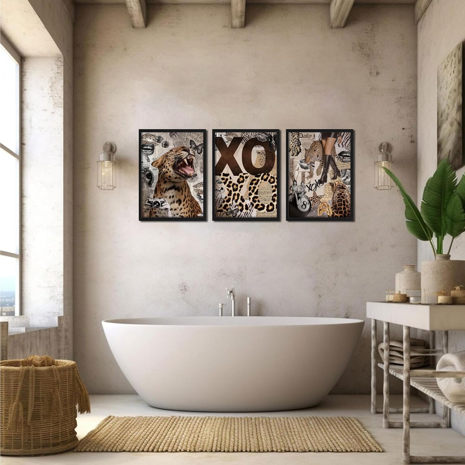 Framed Trendy Leopard Roar Canvas Wall Art Srt of 3, Fashion Stylish Cheetah Prints, Trendy Boots Poster, Aesthetic Fashion Wall Decor for Living Room Bedroom – Black Wooden Frame 12x16in