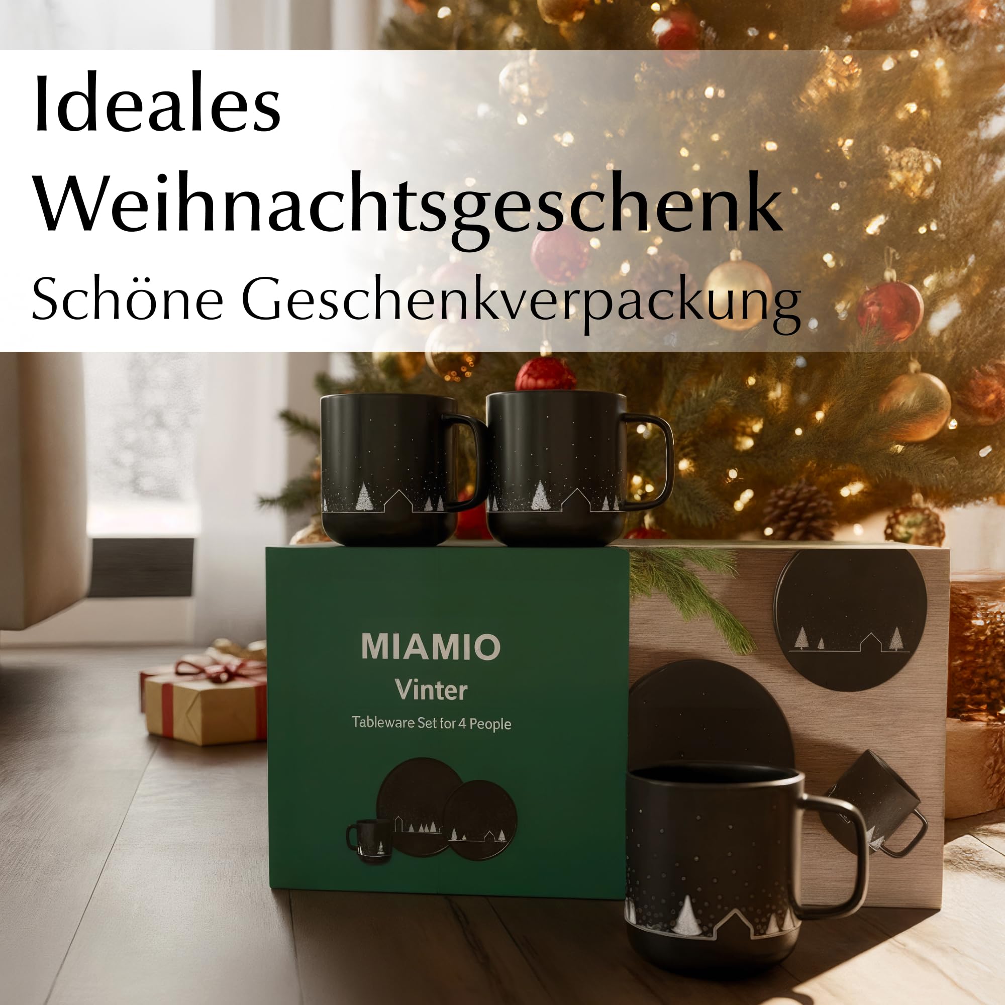 MIAMIO - Geschirrset/Tafelservice, Weihnachtsgeschirr (12-Teilig) - Vinter | Keramik Geschirrset mit Tellern und Tassen, Tafelservice Weihnachten, Geschirr Weihnachten, Geschenk Set - spülmaschinenfest