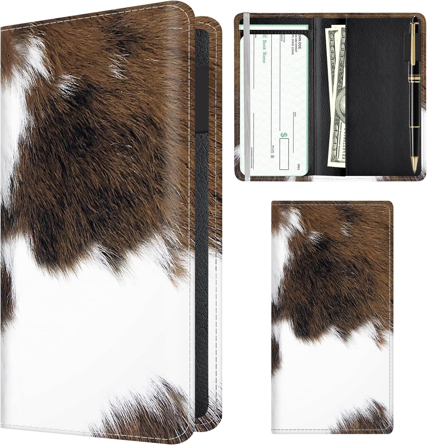 Checkbook Cover for Personal Checkbook, Cute Pu Leather check book for Women & Men, Slim Checkbook Holder with Pen Holder and Built-in Clear Plastic Divider Brown White Cowhide