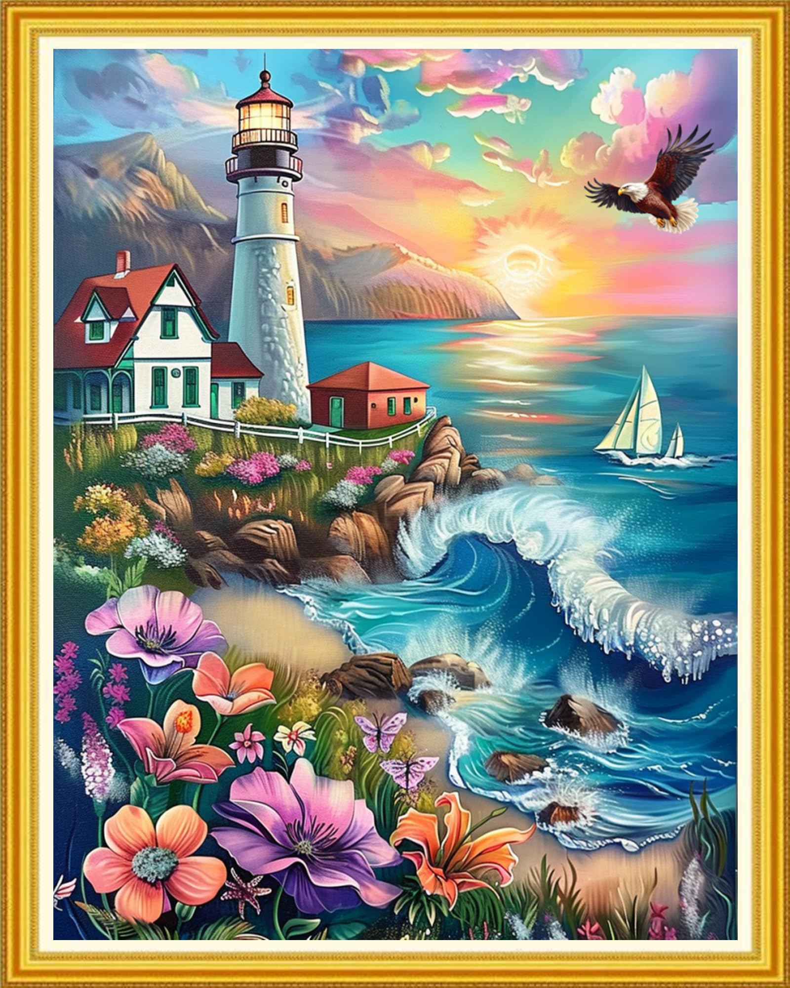 Magxvouy Cross Stitch Kits Stamped Full Range of Embroidery Kits,Cross Stitch Patterns Needlework Kits for Beginners 11CT Printed Kits&amp;Lighthouse Seaside Flowers 16x20 inch