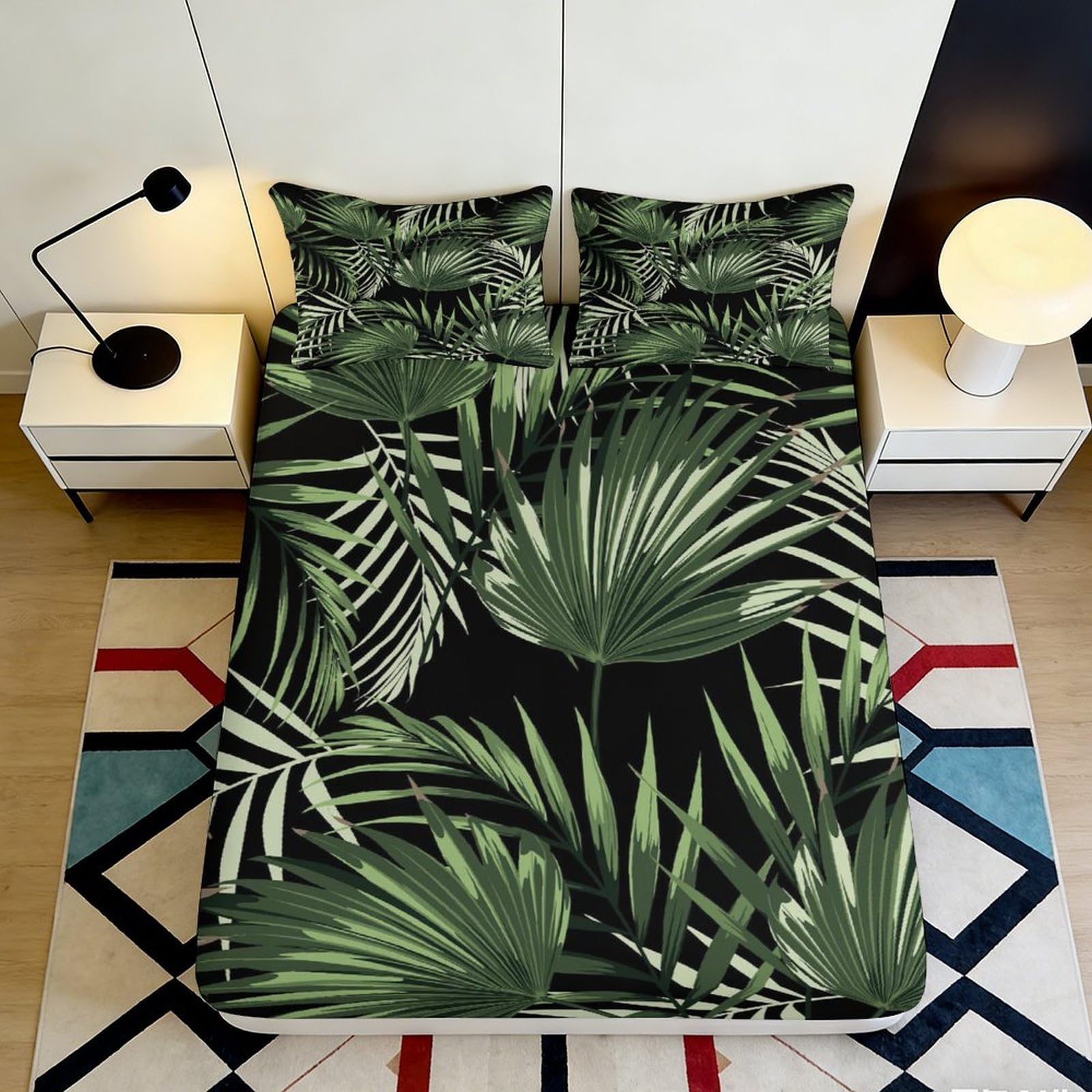 3D Printed Tropical Leaf Fitted Sheet Microfiber Soft Breathable Palm Pattern Mattress Cover for Bedroom Dormitory Guest Room Protection Decoration 160x200x25cm