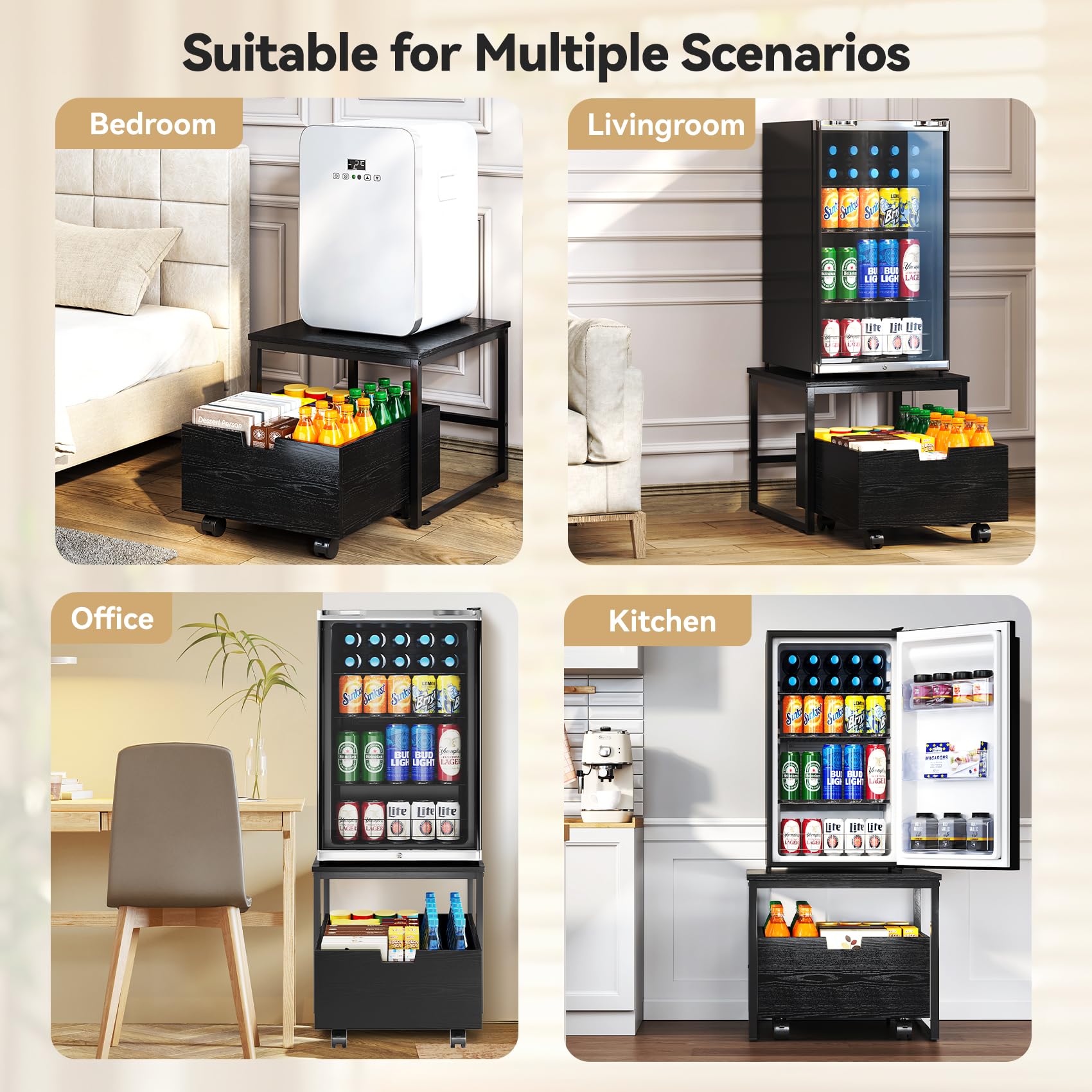TC-HOMENY Mini soporte para refrigerador con almacenamiento, mini estante de mesa para nevera con rueda móvil bloqueable, soporte compacto para refrigerador, gabinete de almacenamiento para