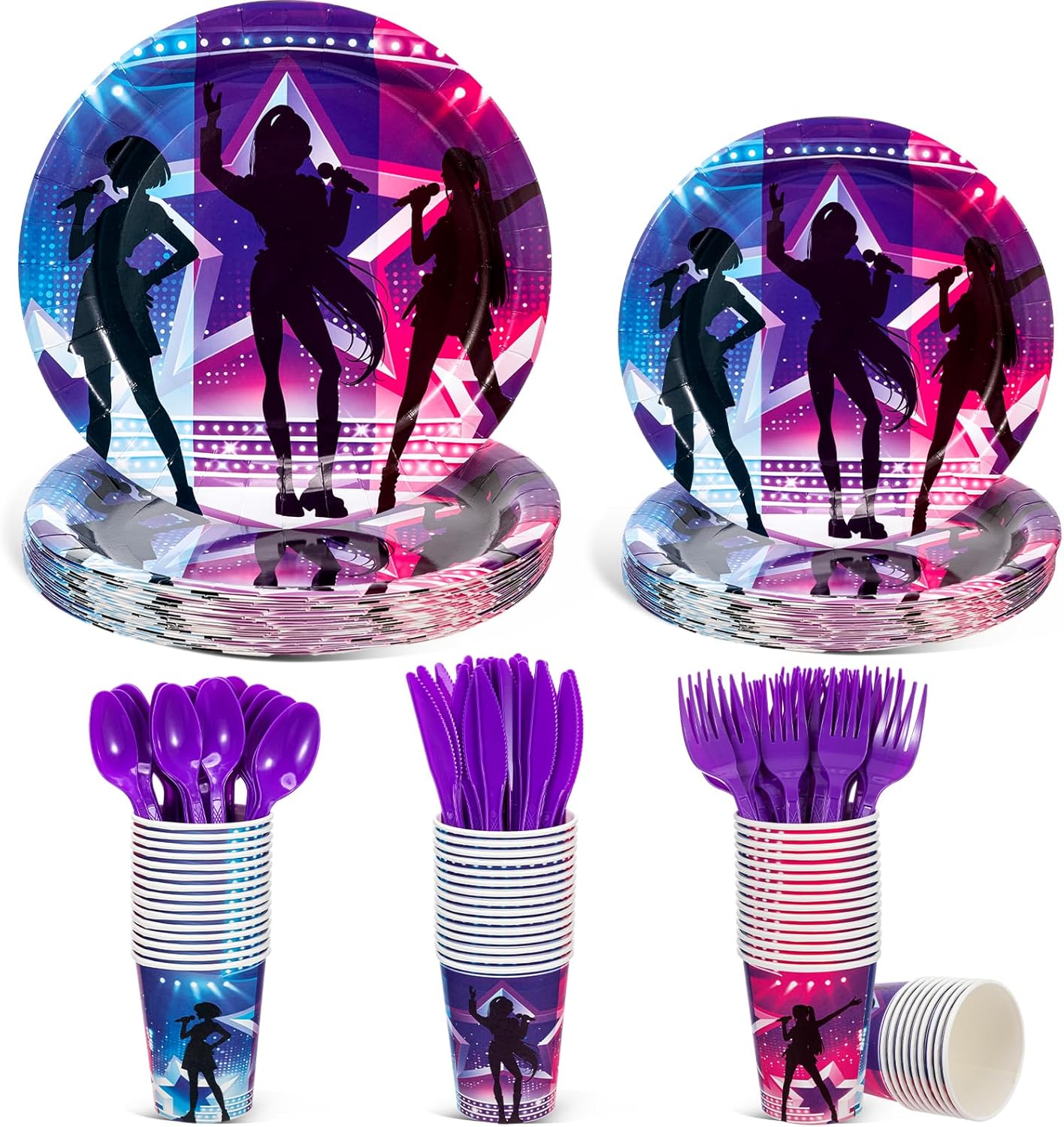 144 Pcs Kpop Birthday Decorations Kpop Party Plates Cups Knives Forks Spoons K-pop Party Supplies for Music Movie Theme Parties Supplies Serve 24 Guests(Singer)