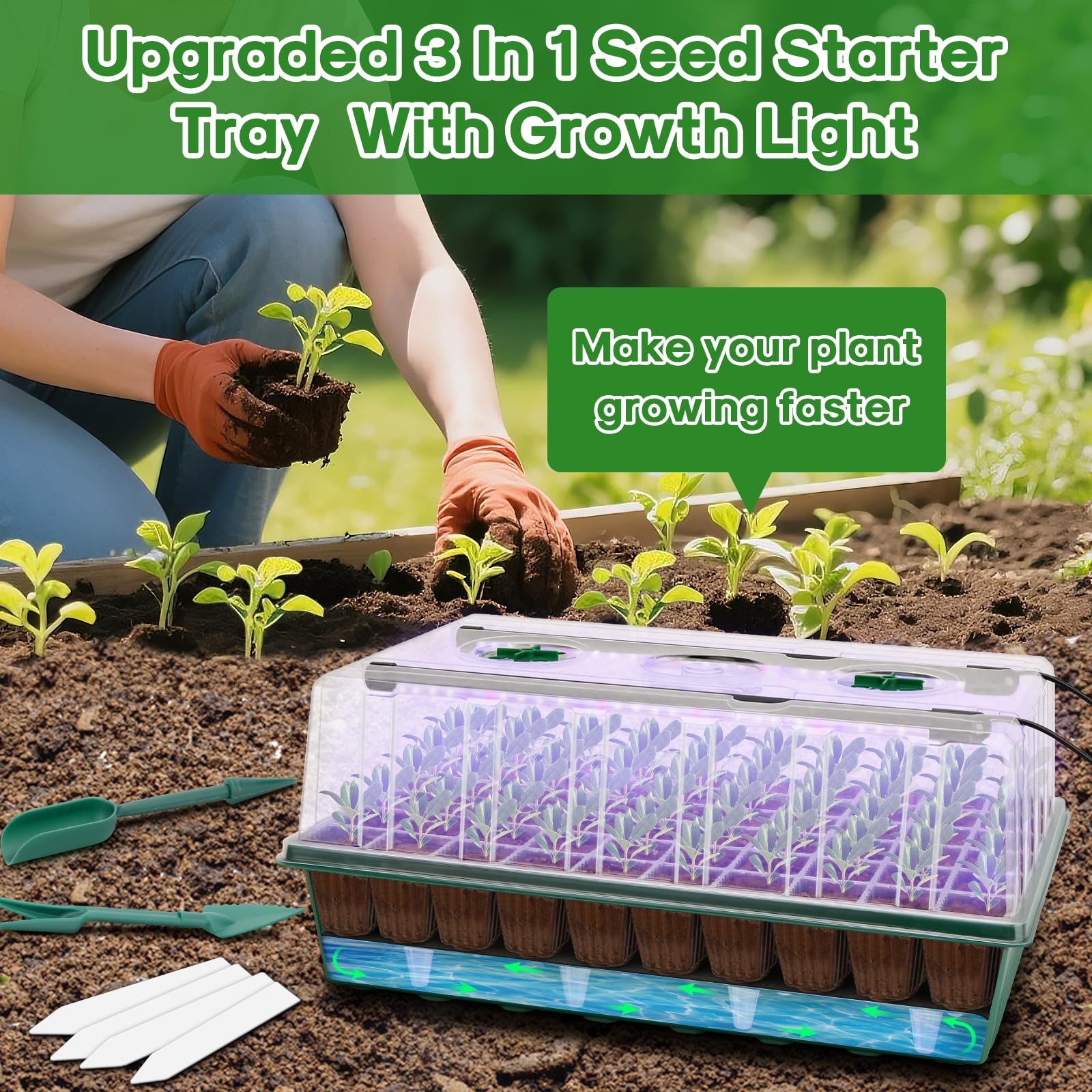 BlumWay Kit de démarrage de semences auto-arrosant avec lumière de croissance et dôme d'humidité, lumière de croissance 3 couleurs, plateau de semis de plantes à 120 cellules, plateaux de germination