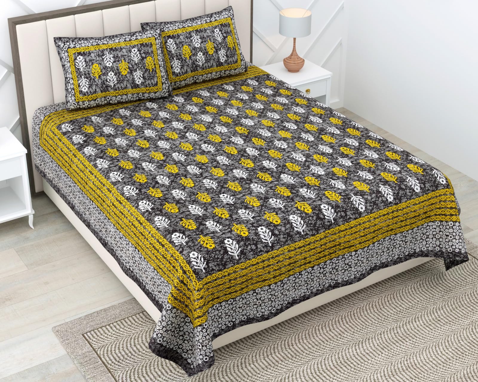 RajasthaniKart® Pure 100% Cotton Double Bed Sheet with 2 Pillow Covers (Bedsheet for Double Bed Cotton, Grey Small Booty Jaipuri, King Size,5301)| H603 | 144 TC