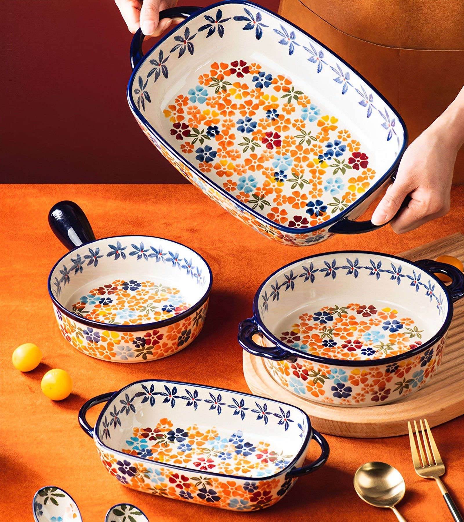Ceramiczne naczynie do pieczenia do piekarnika, małe naczynie do zapiekania z uchwytami, piekarnik ceramiczny do pieczenia kolorowe kwiaty A-okrągłe 950 ml