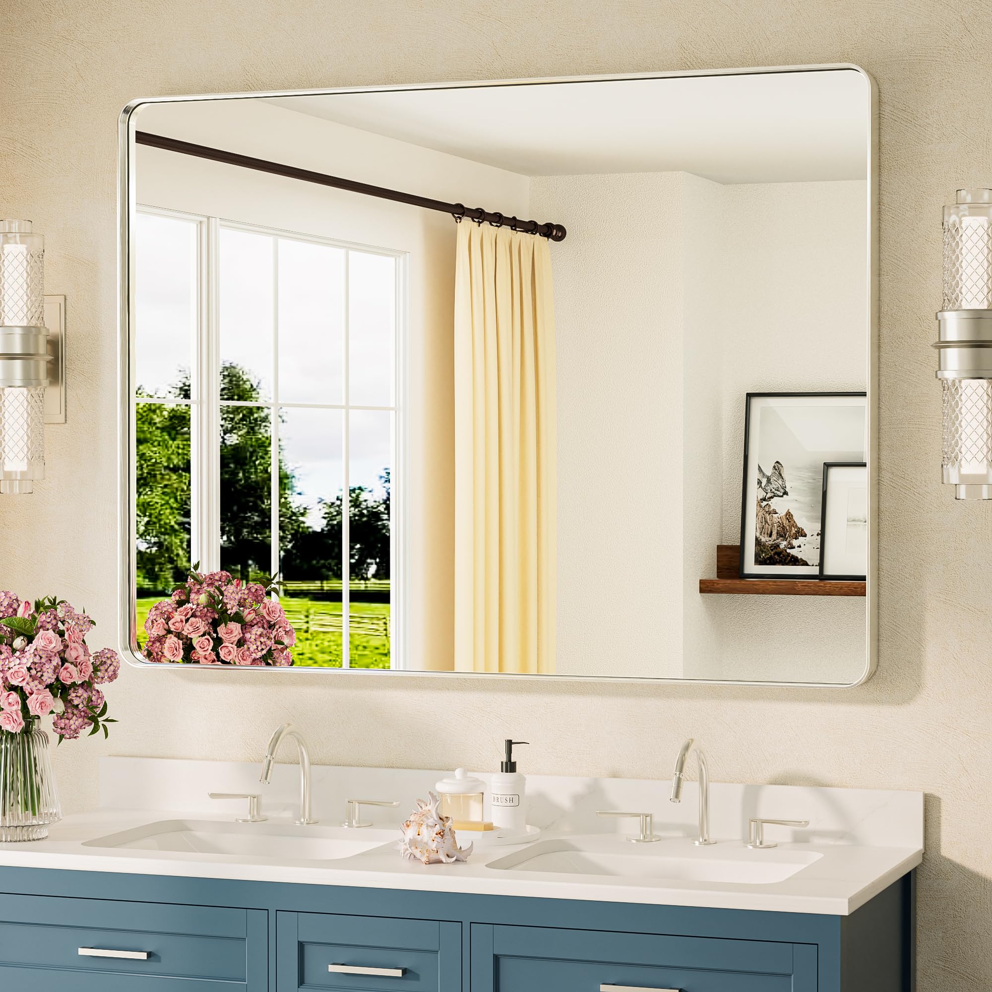 TETOTE 48 x 36 Inch Brushed Nickel Bathroom Mirror Metal Framed Bathroom Mirror, Tempered Glass, Modern Farmhouse Wall Mounted Mirror for Decorative(Horizontal/Vertical)