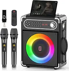 JYX Karaoke com 2 Microfone com Ajuste de Graves/Agudos, Karaoke Profissional com Controle Remoto, Luzes LED, Suporte para Cartão TF/USB/AUX, FM, REC, TWS para Festas