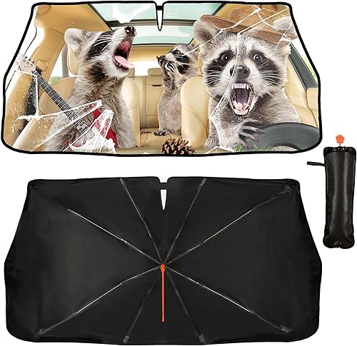 Miniatura 3 de Edeeil Parasol para parabrisas de automóvil, diseño de mapache divertido, plegable, bloquea los rayos UV, mantiene el vehículo fresco, para autos,