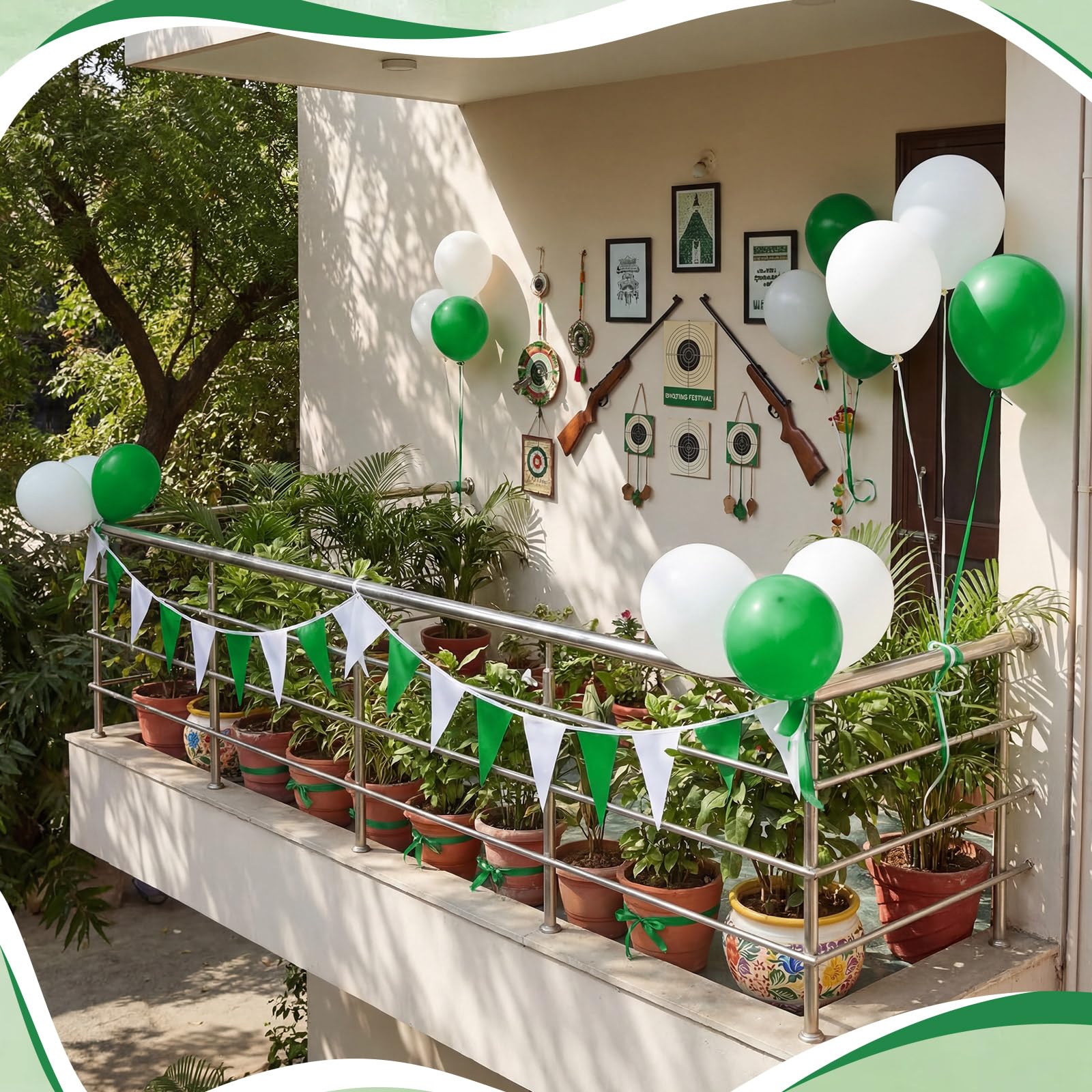BBTO Schützenfest Dekoration Set 10 Meter Wimpelkette Grün Weiß 15 Stück Klein Schützenfest Flagge Reißfestem Polyester 30 Stück Ballon 2 Rollen Ballonband Wetterfest Deko für Outdoor