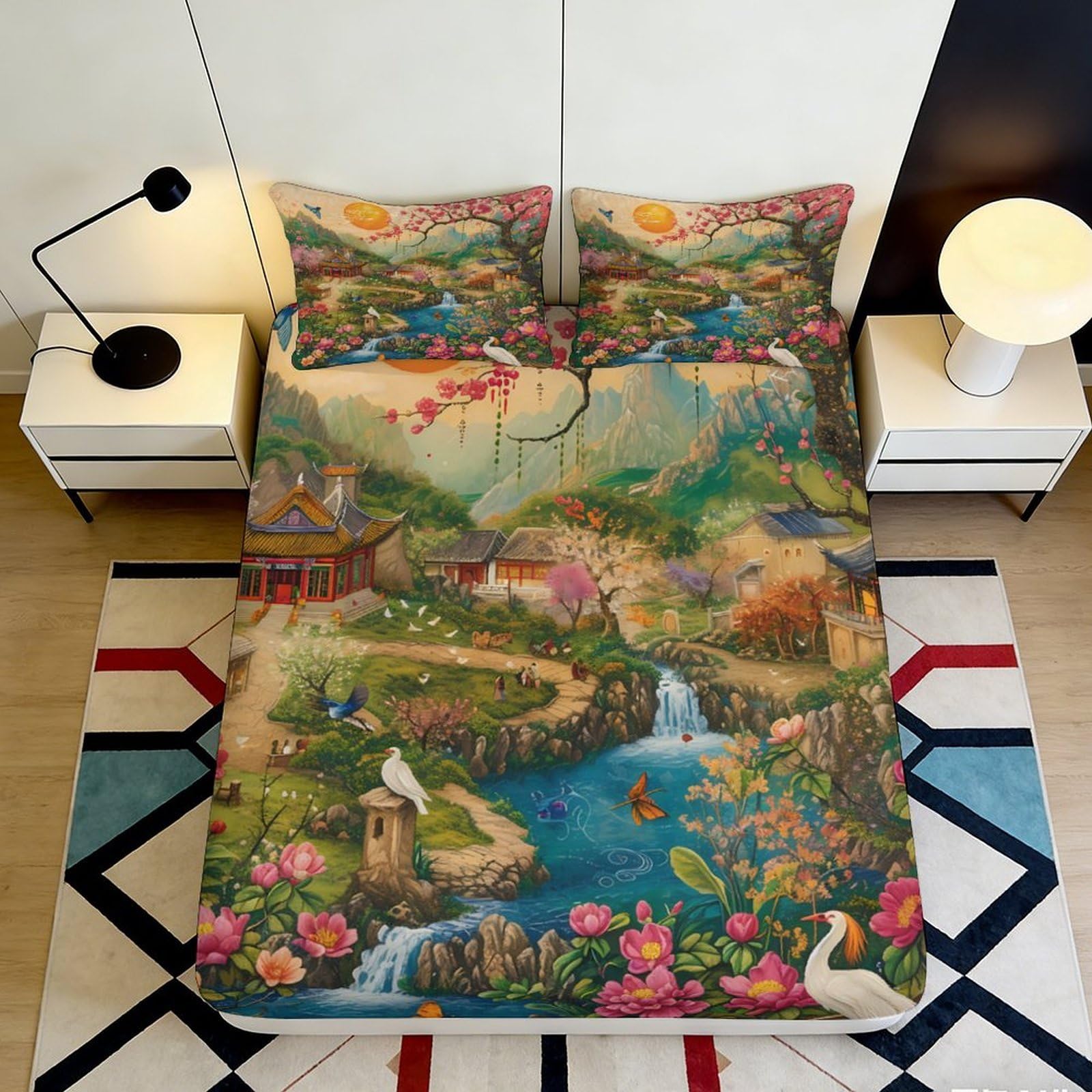3D Printed Scenic Landscape Fitted Sheet Microfiber Soft Breathable Floral River Mattress Cover for Bedroom Dormitory Guest Room Protection Decor 180x200x25cm