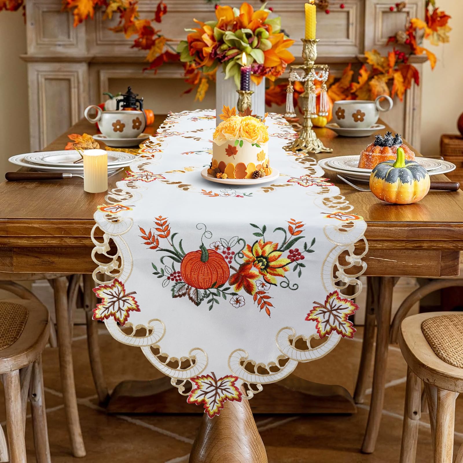 Fall Thanksgiving Table Runner Embroidered